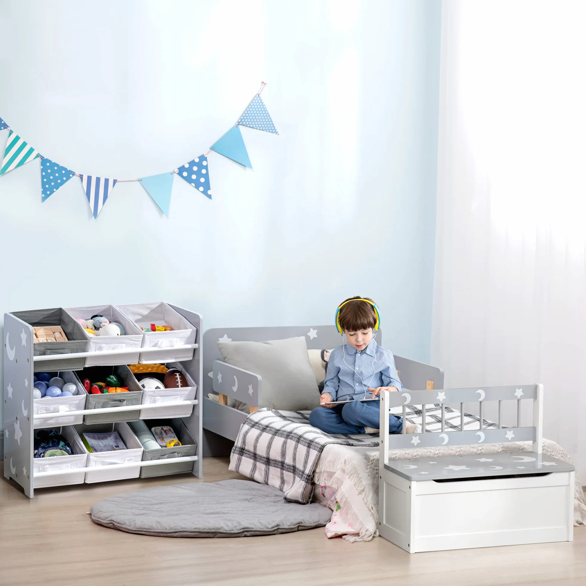 ZONEKIZ Set per Bambini 3-6 Anni con Lettino 143x76x49 cm, Mobile Portagiochi 63x30x60 cm e Cassapanca 60x30x50 cm, Grigio