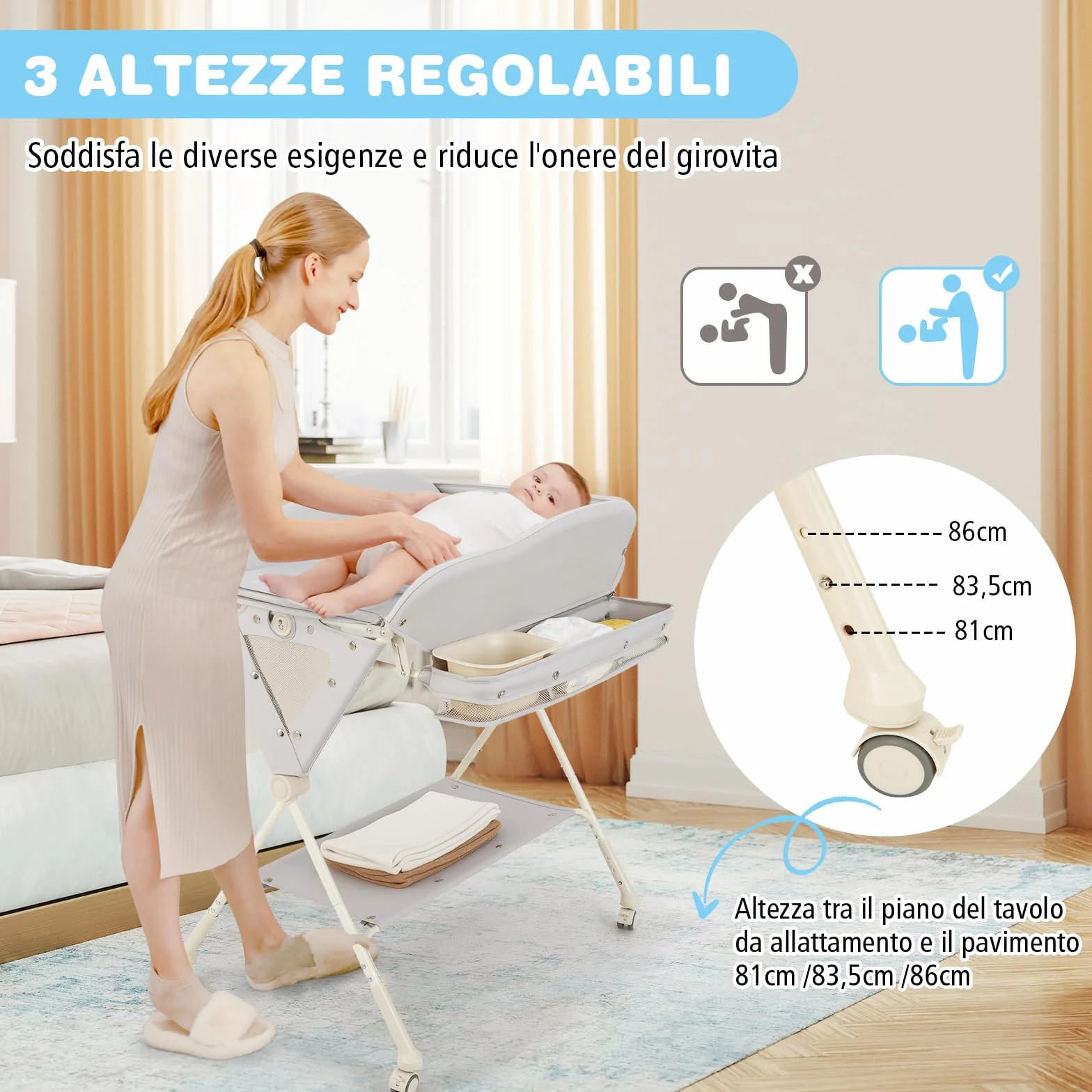 Costway Fasciatoio Pieghevole Neonato Portatile con Altezza Regolabile 3 Livelli, Grigio
