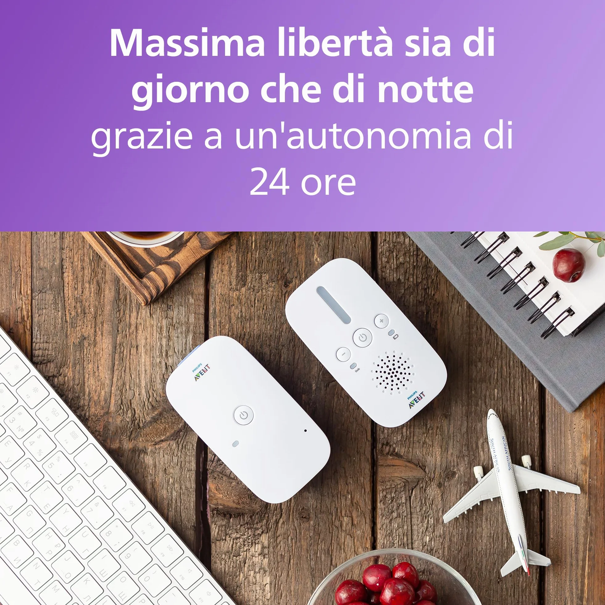 Philips Avent DECT Audio Baby Monitor SCD503/26, audio bidirezionale, portata 330m, batteria 24h, modalità Smart ECO, luce notturna