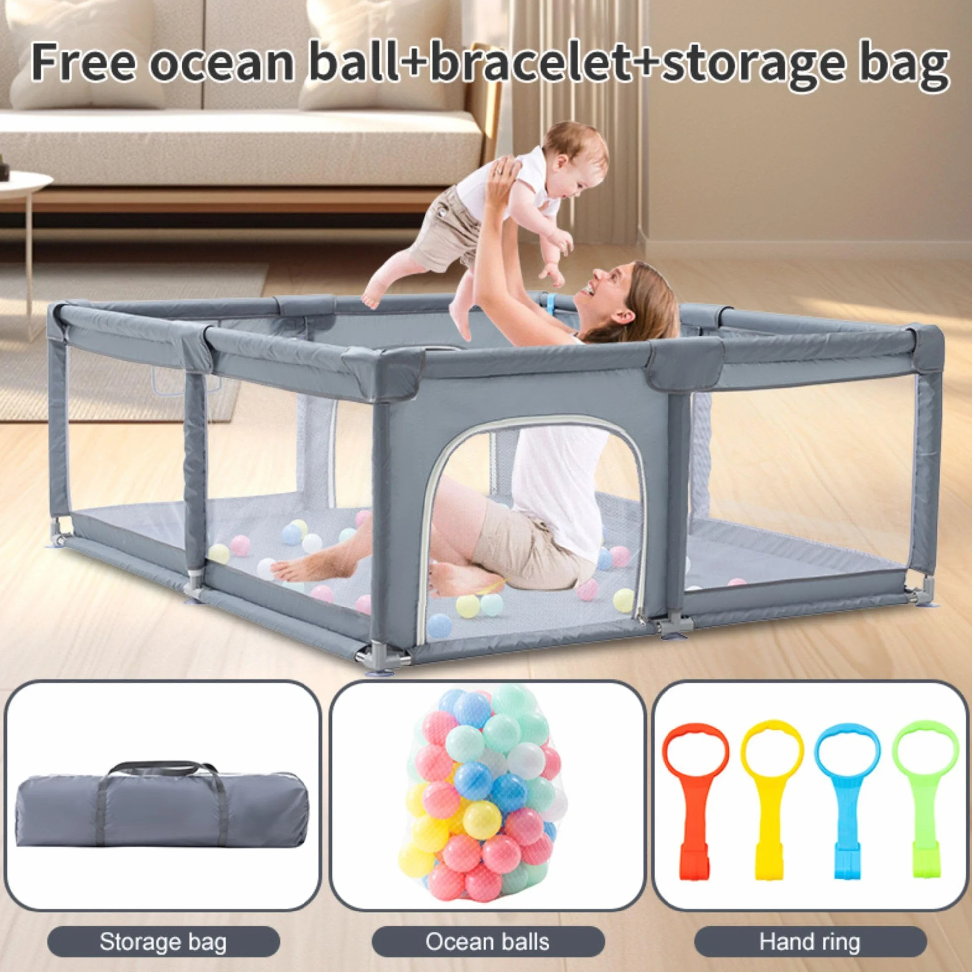 Box Bambino 150x180cm Recinto con 50 Palline, 4 Maniglie, Borsa Riporre Neonato