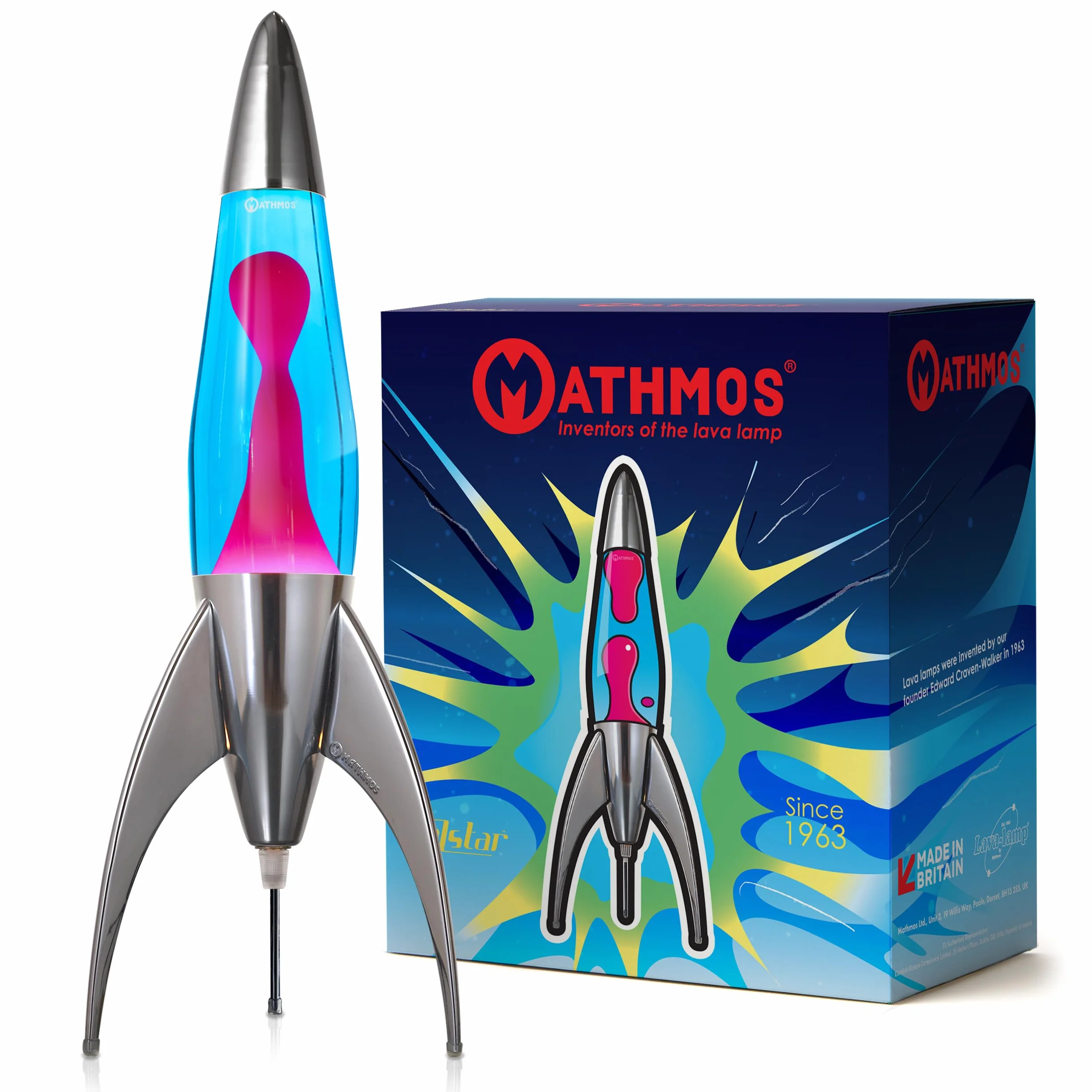 Mathmos Lampada lava razzo Telstar argento Inventori della lampada lava | Lampade Blu e Rosa in metallo fuso cromato, riempite a mano in Gran Bretagna