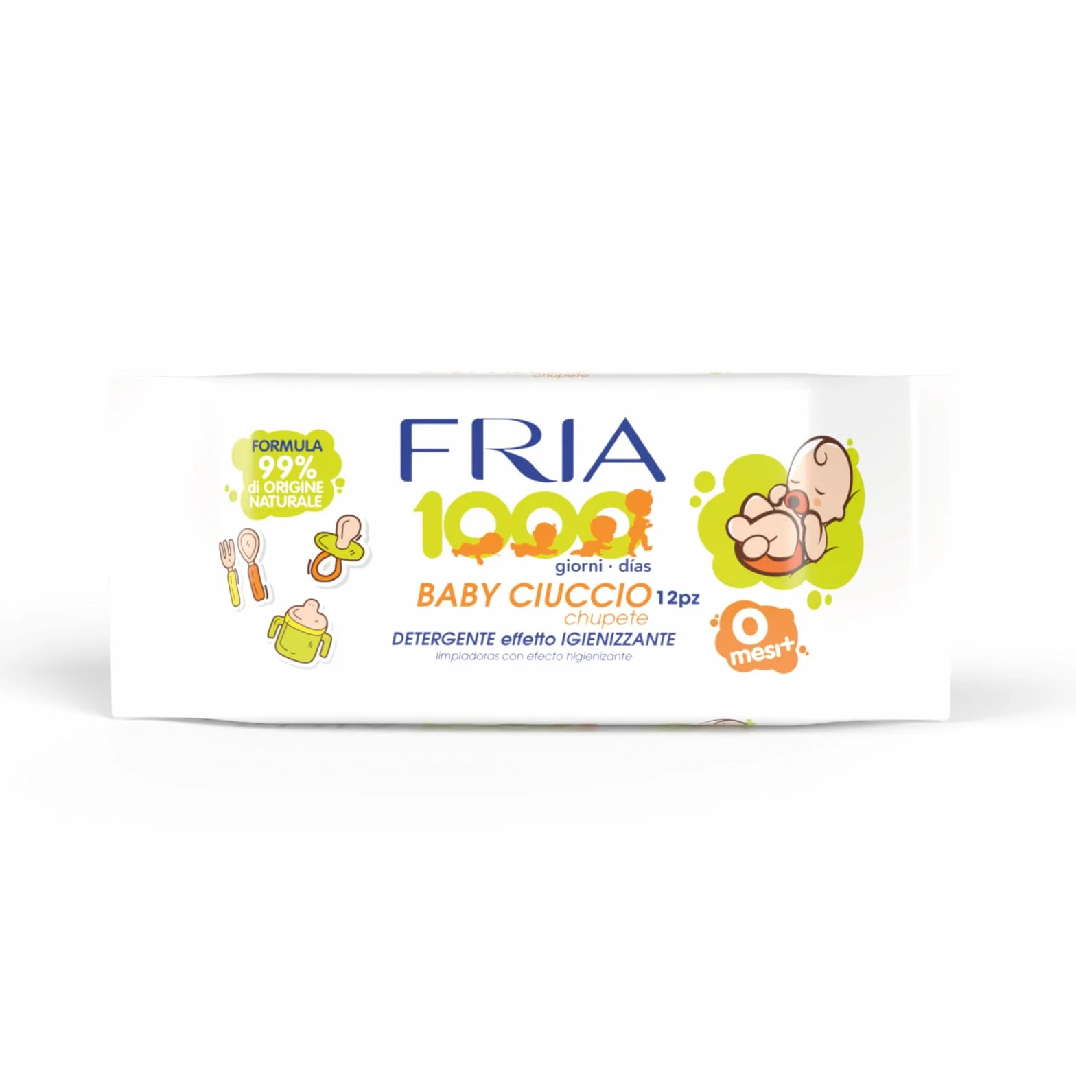Fria Baby Ciuccio Salviette Pulisci Ciuccio Biberon Tettarelle Azione Igienizzante 99% Origine Naturale Confezione Borsa 12 Salviette