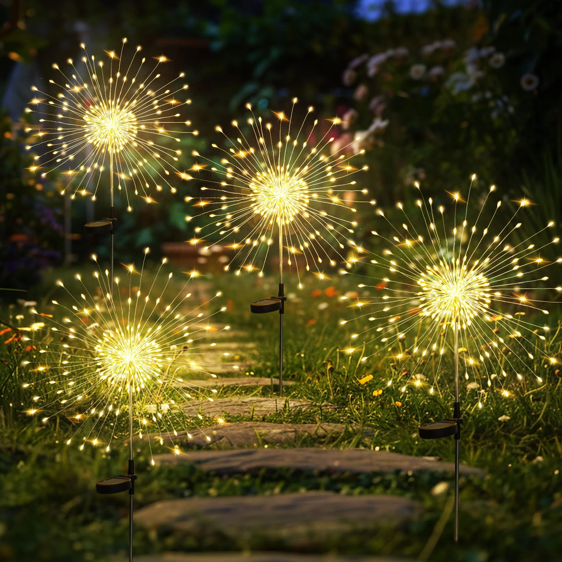 GIGALUMI Luci solari da giardino per esterni, luci solari per fuochi d'artificio 120 LED 4 pezzi, luci a stella impermeabili per cortile prato festa patio decorazione,bianco caldo