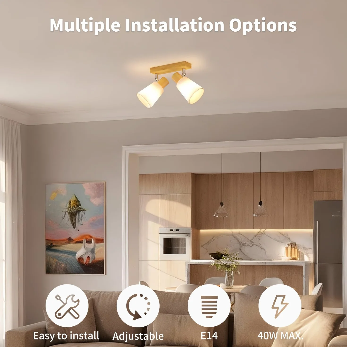 LVWIT Faretti da Soffitto E14, Faretto da Interno Bianco con 2 Faretto, Faretti Orientabili Legno, Faretto da Parete Interno Vintage per Barra, Salotto,Cameretta, Cucina, Bagno (Lampadine Escluse)
