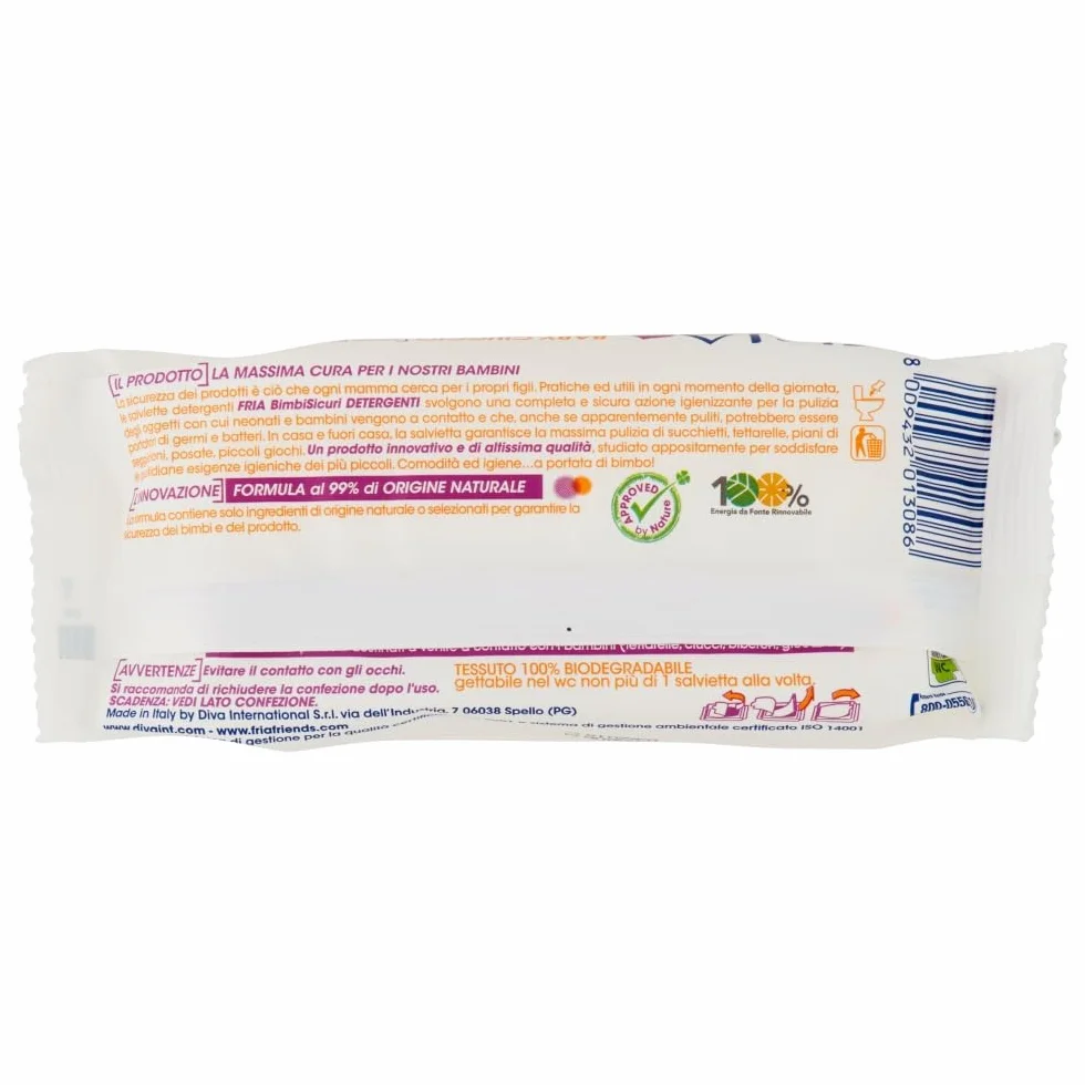 Fria Baby Ciuccio Salviette Pulisci Ciuccio Biberon Tettarelle Azione Igienizzante 99% Origine Naturale Confezione Borsa 12 Salviette
