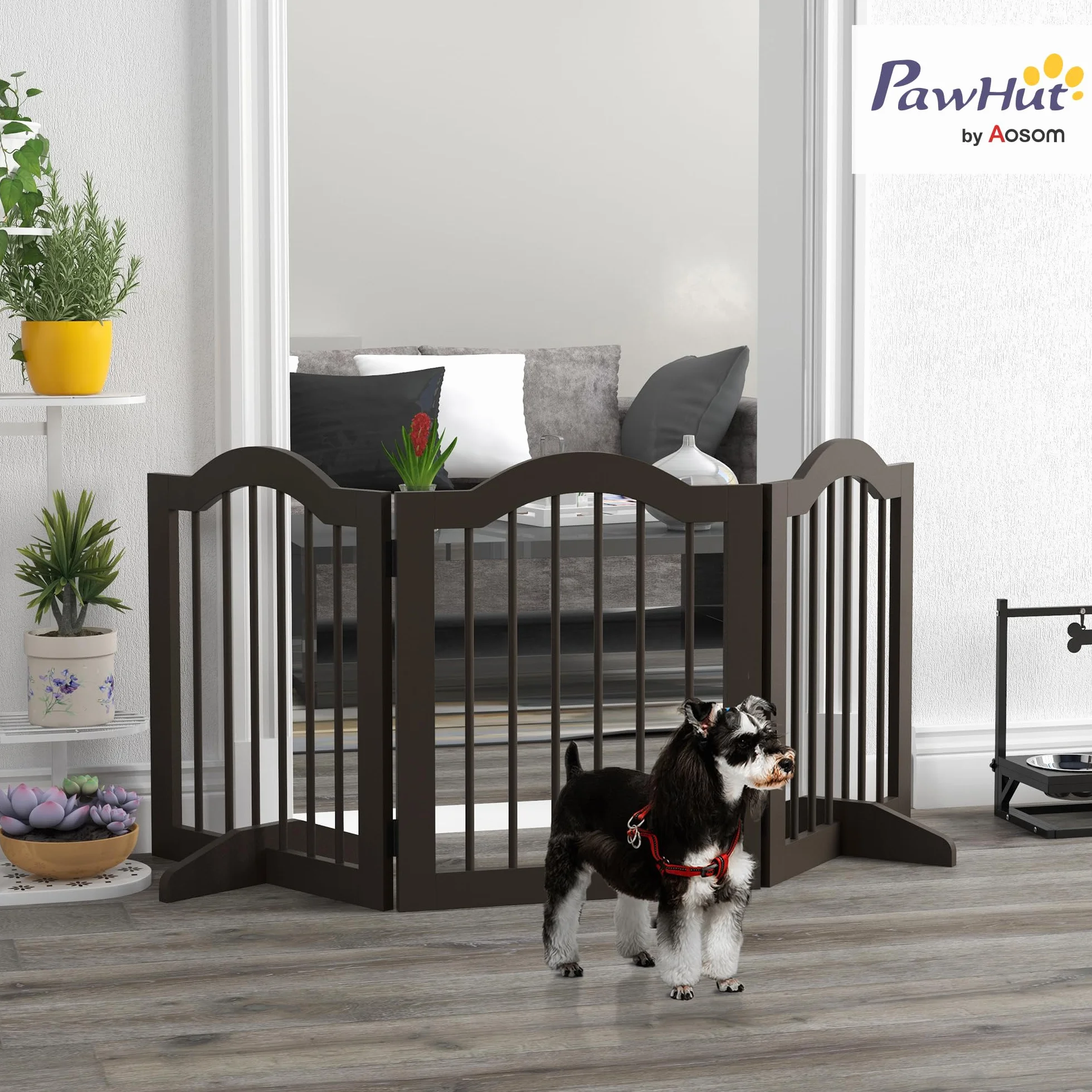 PawHut Cancellino per Cani Pieghevole a 3 Sezioni in Legno, Barriera per Cani, 154.5x29.5x61cm, Caffè