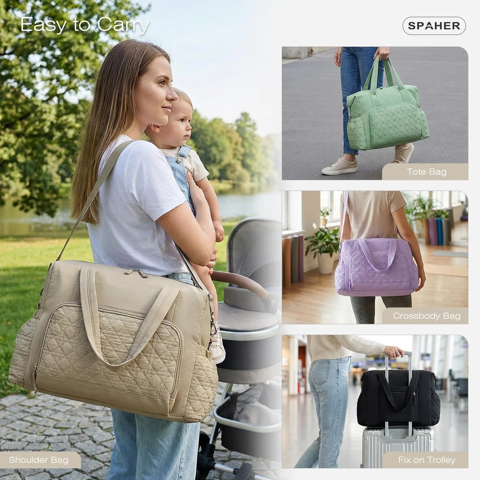 SPAHER 30L Borsone Pannolini Nascita Borsa Neonato Maternità Mamma con Tasca Umida Mommy Baby Bag