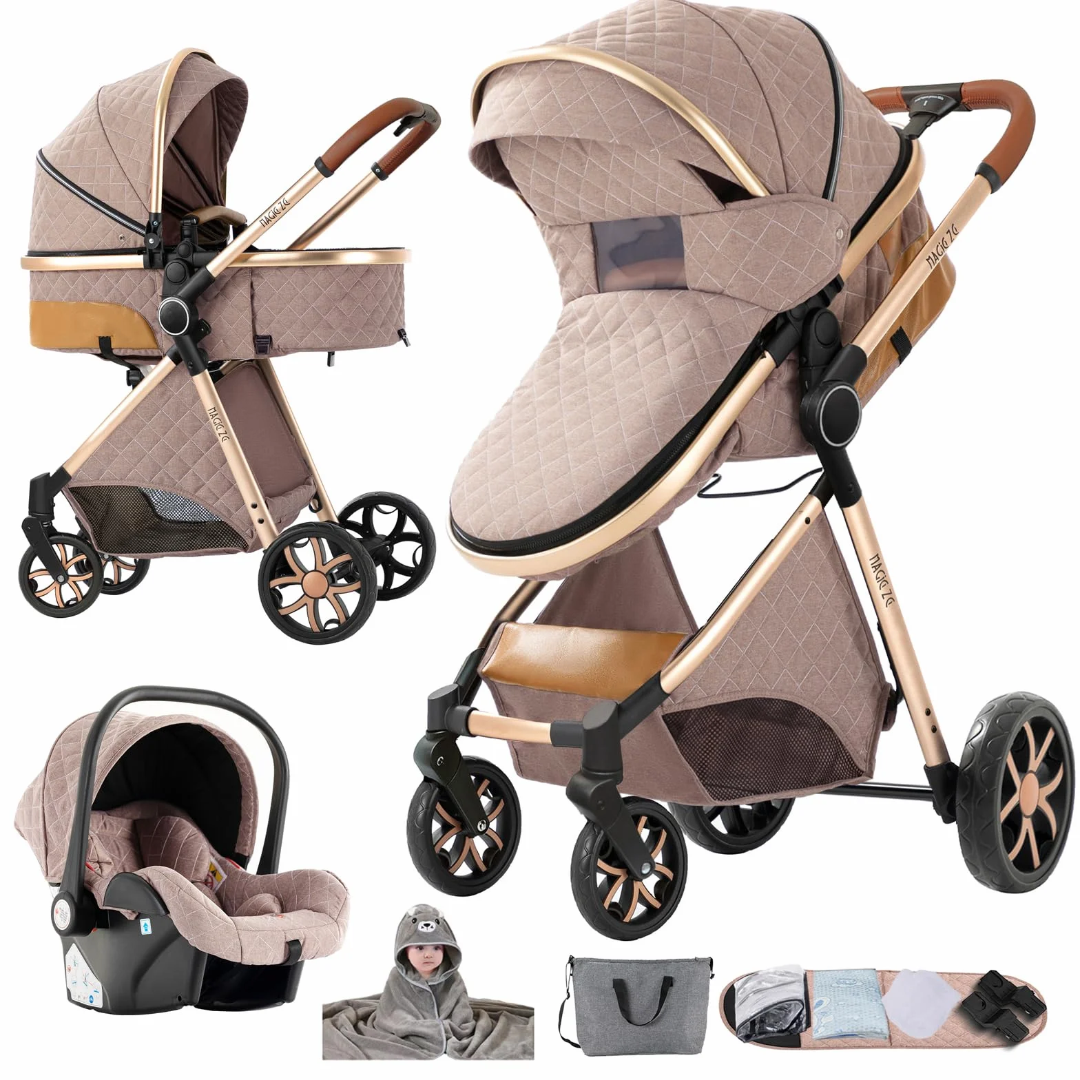 Nine point nine Trio Passeggino Neonati 3 in 1 con Telaio in Alluminio V9 Khaki