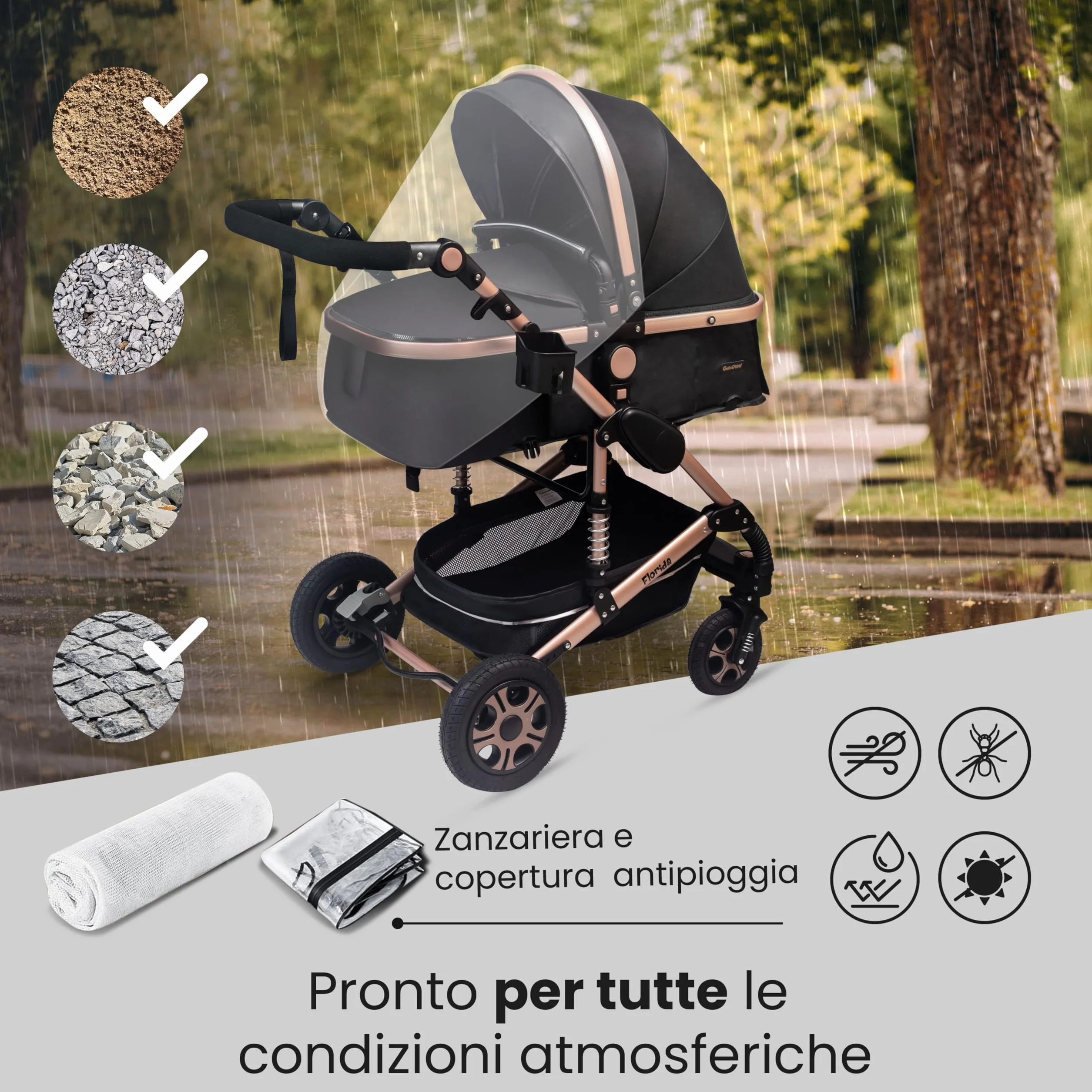 GaGaDumi Florida 3 in 1 Passeggino Trio, Carrozzina, Seggiolino Auto, Pieghevole, 0-36 mesi, Nero/Oro