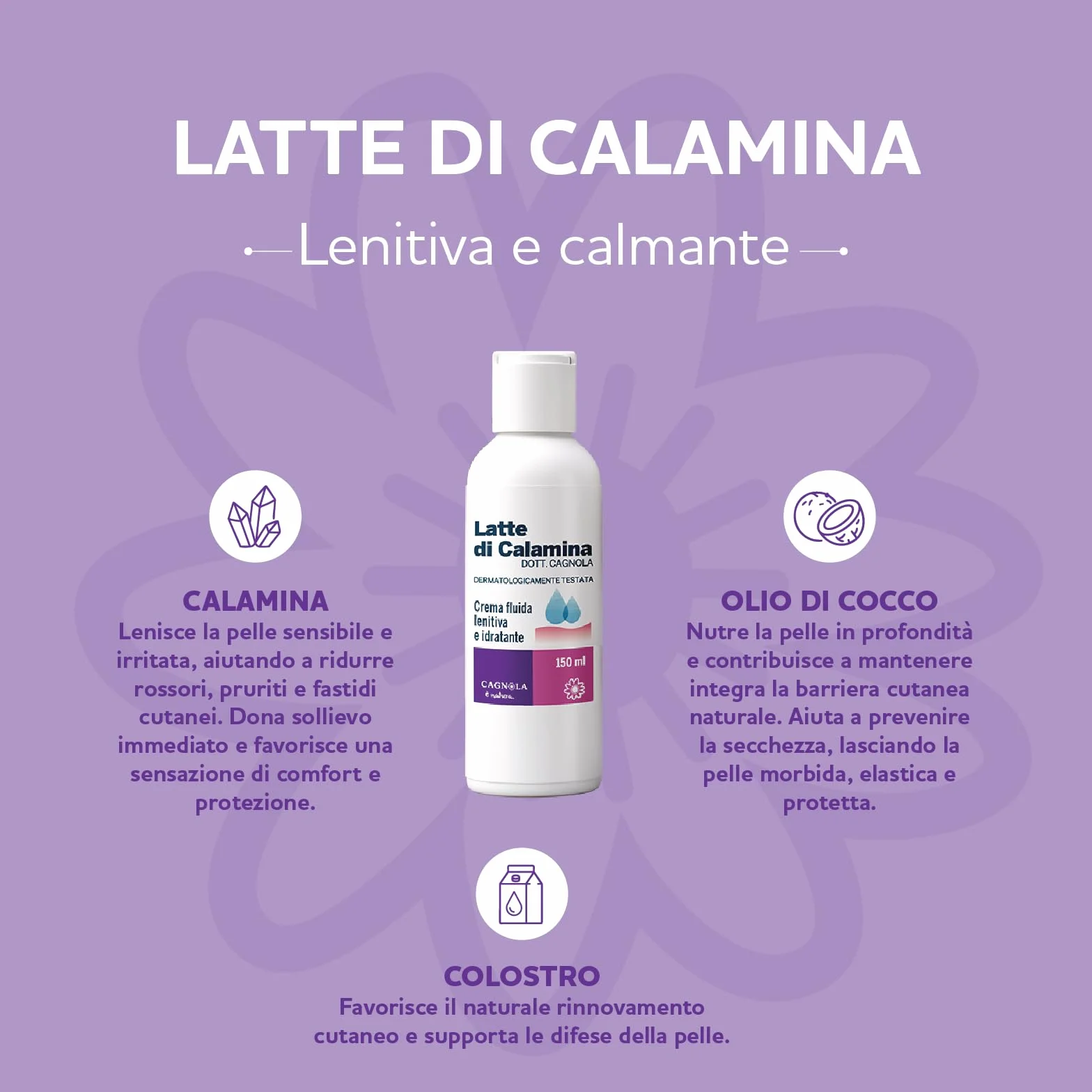 CAGNOLA Crema Fluida Lenitiva Idratante Latte di Calamina 150 ml per Arrossamenti Scottature Punture di Insetto