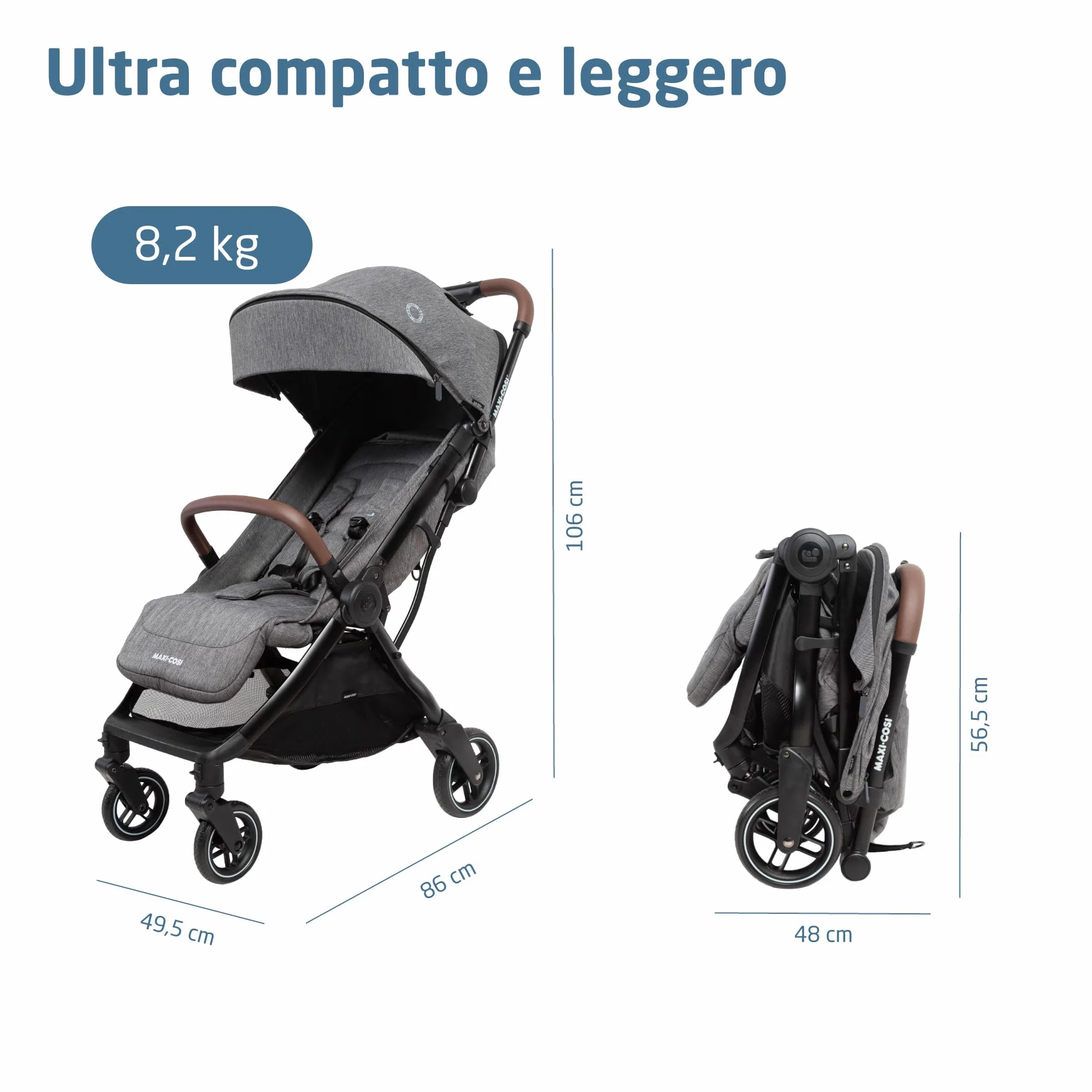 Maxi-Cosi Eva3 Passeggino Leggero Compatto 0-4 anni 22 kg Reclinabile 3 Posizioni Chiusura Automatica Tracolla Select Grey