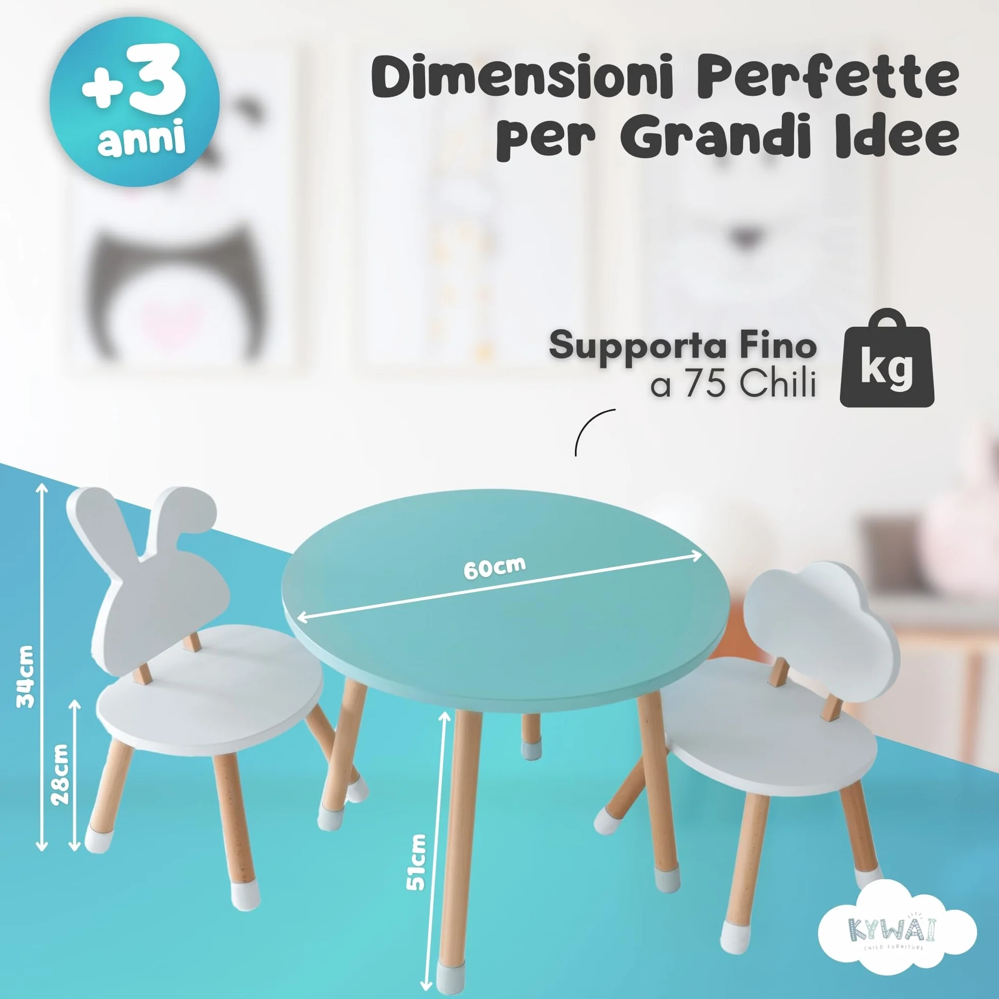 Tavolino Bambini con 2 Sedie in Legno di Pino - Tavolo e Sedie per Bambini