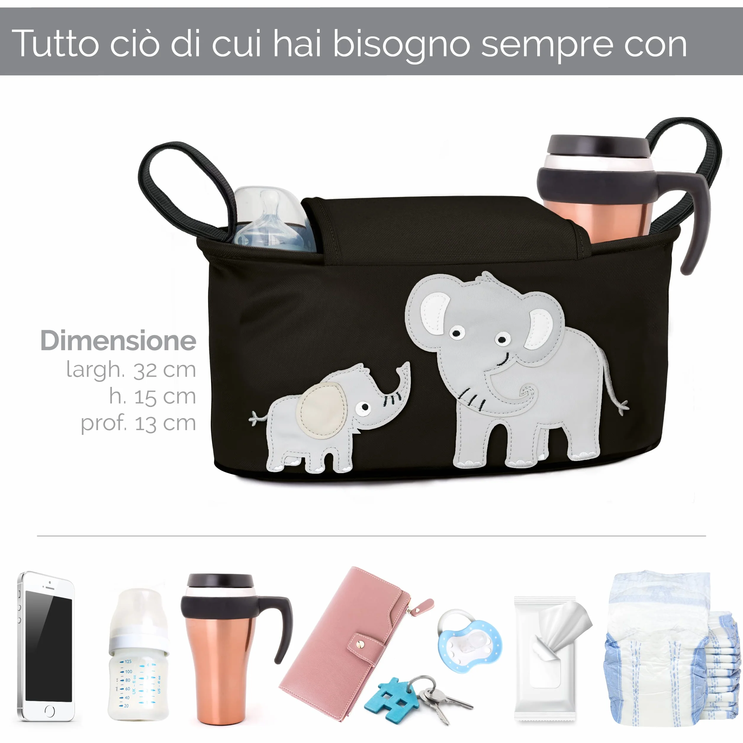 GLÜCKSWOLKE Borsa per Passeggino 12 Motivi Organizer Carrozzina Neonato Portaoggetti Dispenser Salviette Universale Elefante Nero