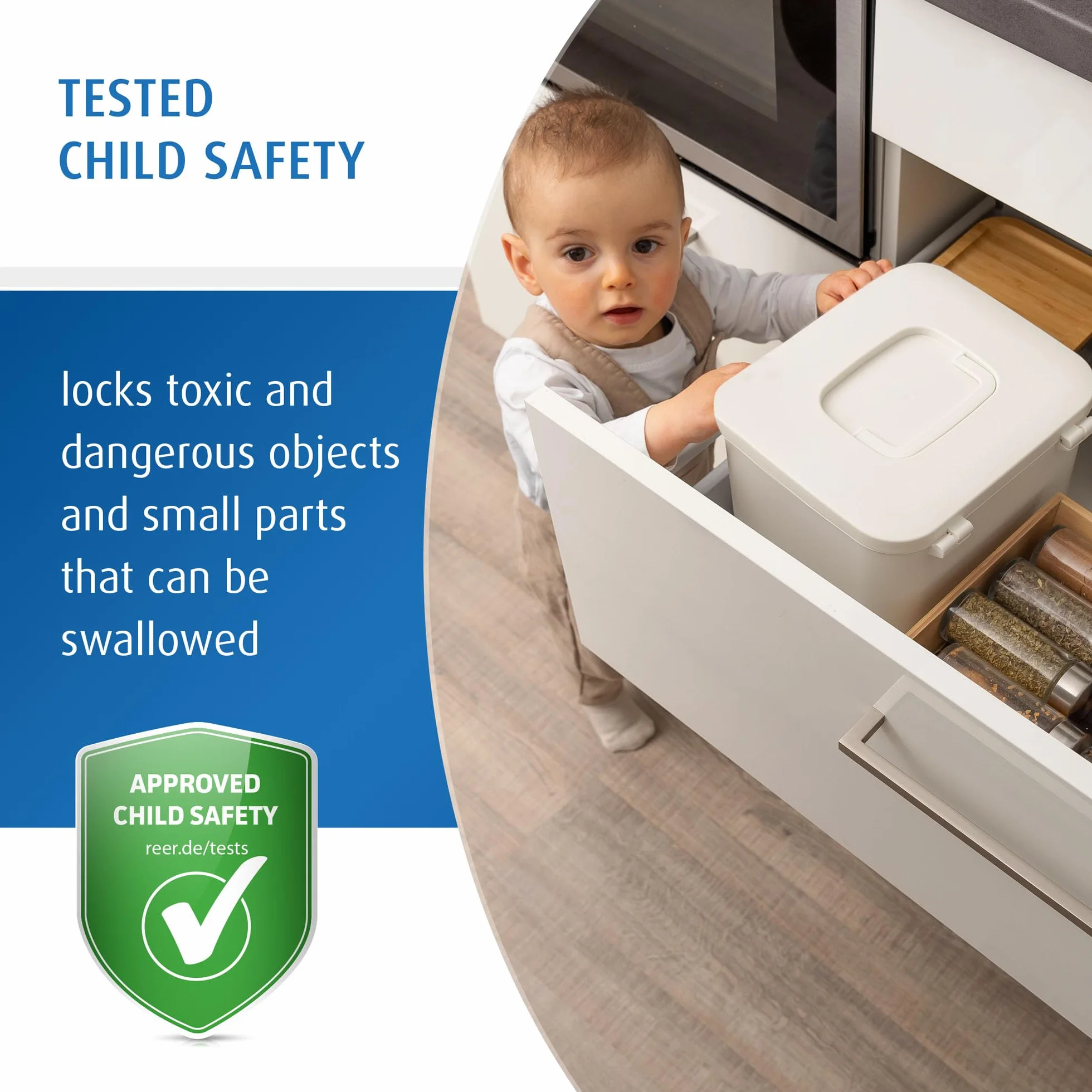 Reer SafeContainer Scatola portaoggetti protezione piccole parti pericolose chiusura sicura bambini antiscivolo