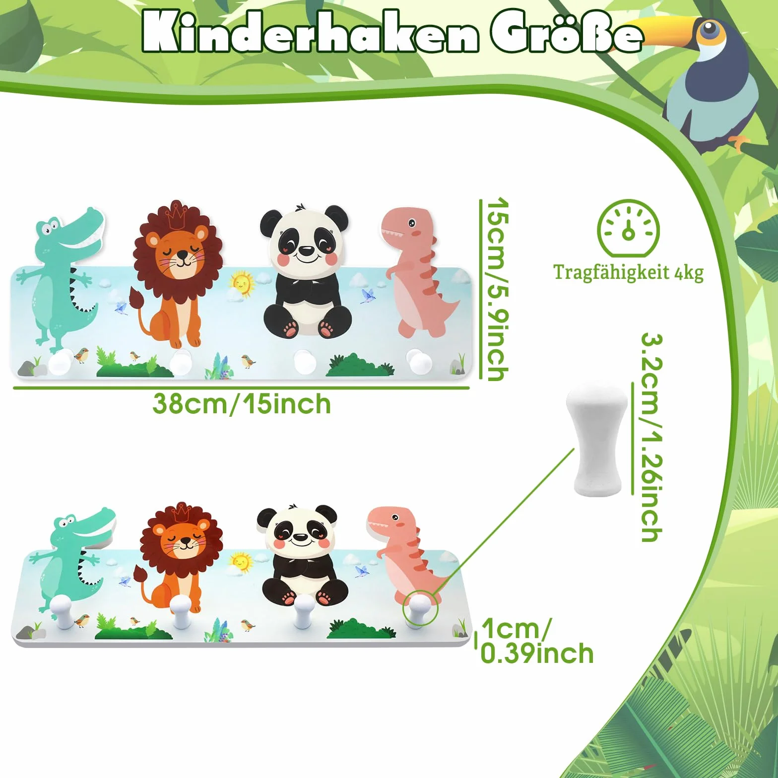 Liangding Appendiabiti da Parete per Bambini, 4 Gancio in Legno Animali e Dinosauri, 39x15x5cm