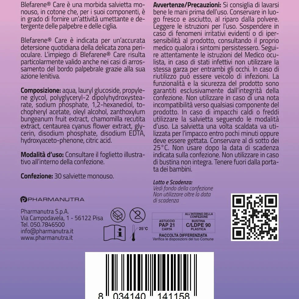 Pharmanutra Blefarene CARE Salviette monouso in cotone per igiene occhi e ciglia con camomilla 20 unità