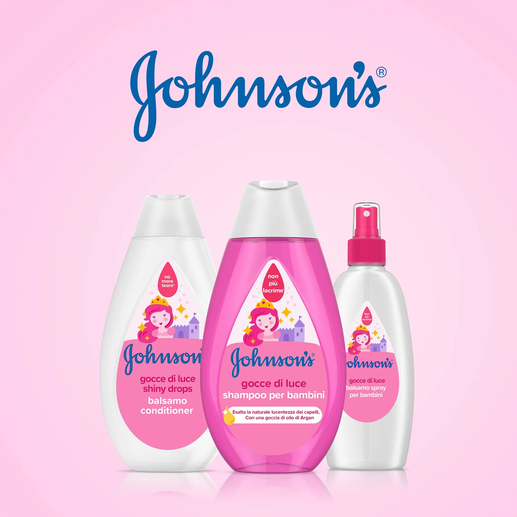 Johnson's Kids Balsamo Spray Forti & Lucenti Senza Risciacquo 200 ml, Balsamo capelli bambini con Olio di Argan e Proteine della Seta