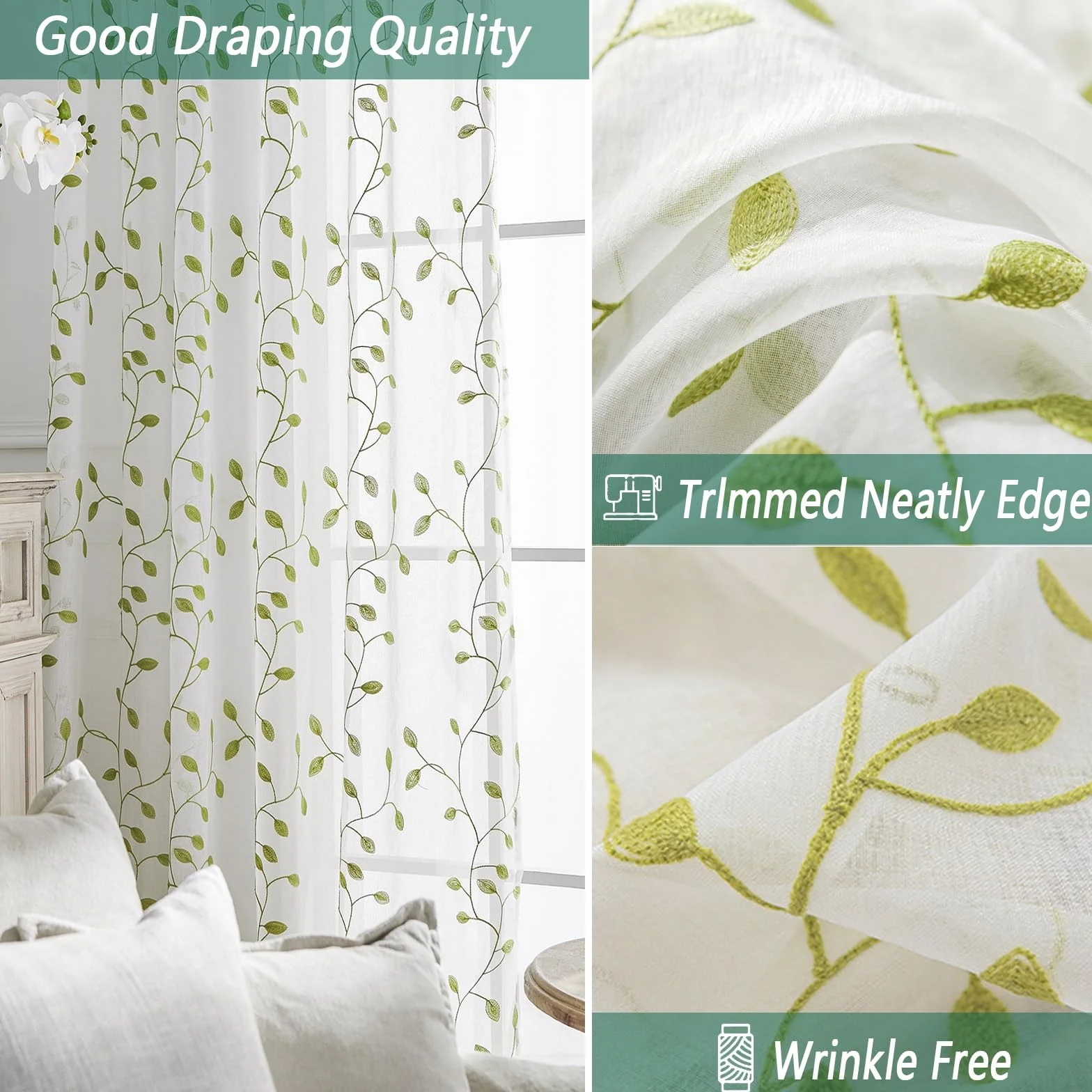 LONGCAO Tende Trasparenti 80 x 200 cm Set 2 Pannelli in Voile Morbido 100% Poliestere Traslucido Verde