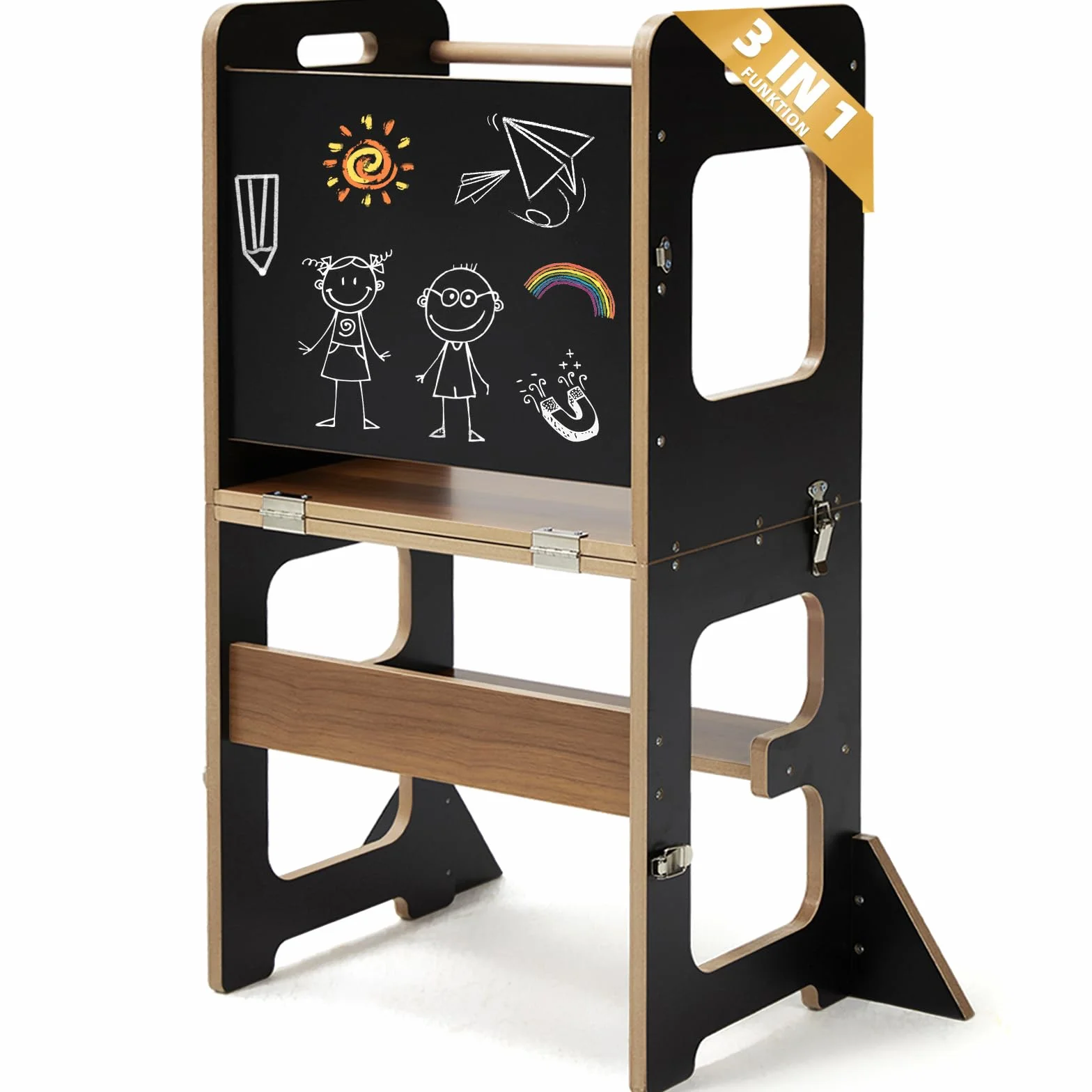 Labebe Torre di Apprendimento per Bambini Montessori 3 in 1 Pieghevole con Lavagna e Protezione Antiribaltamento Nero