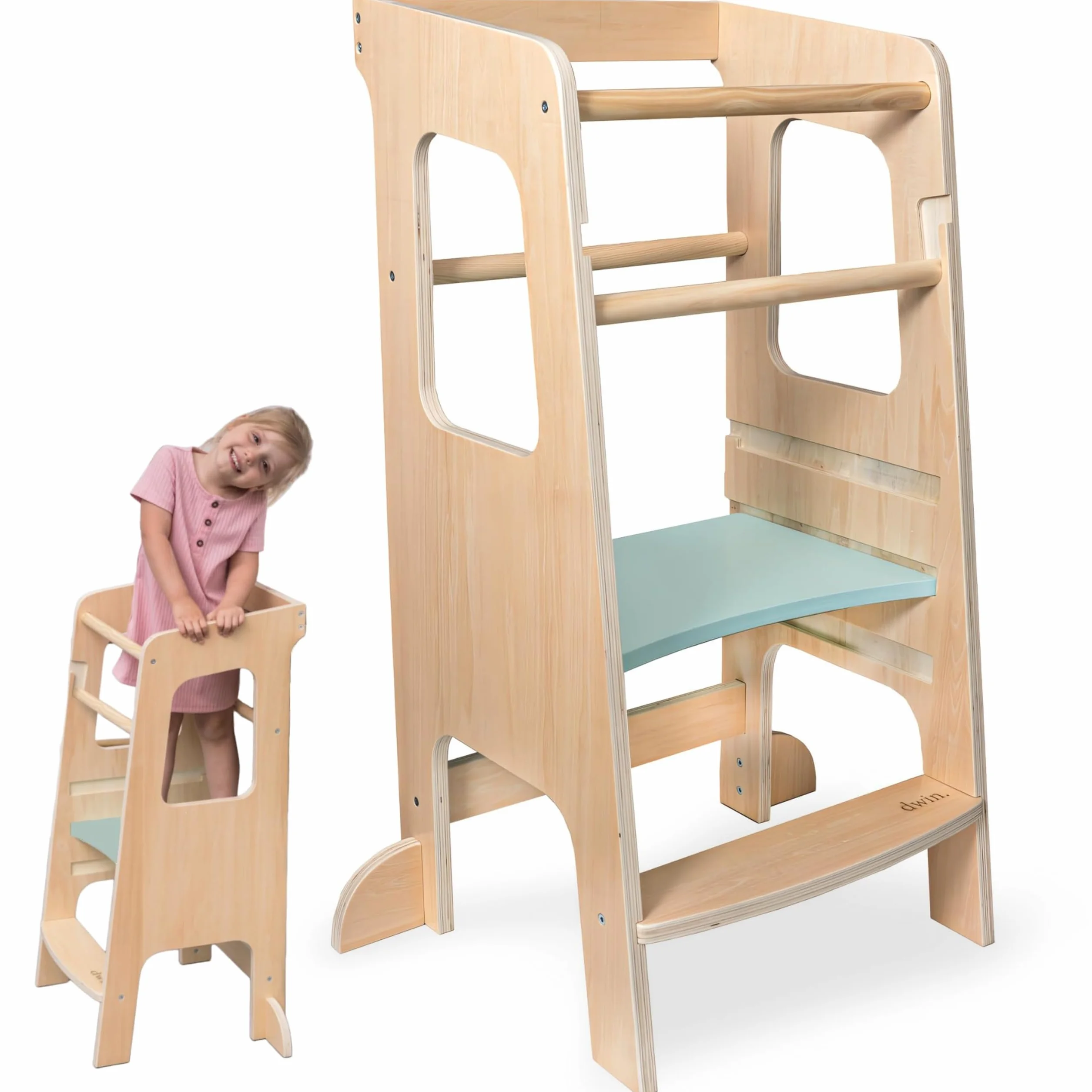 Torre Montessoriana bambini legno naturale 3 livelli Antiscivolo Anti ribaltamento Doppia barra sicurezza CE