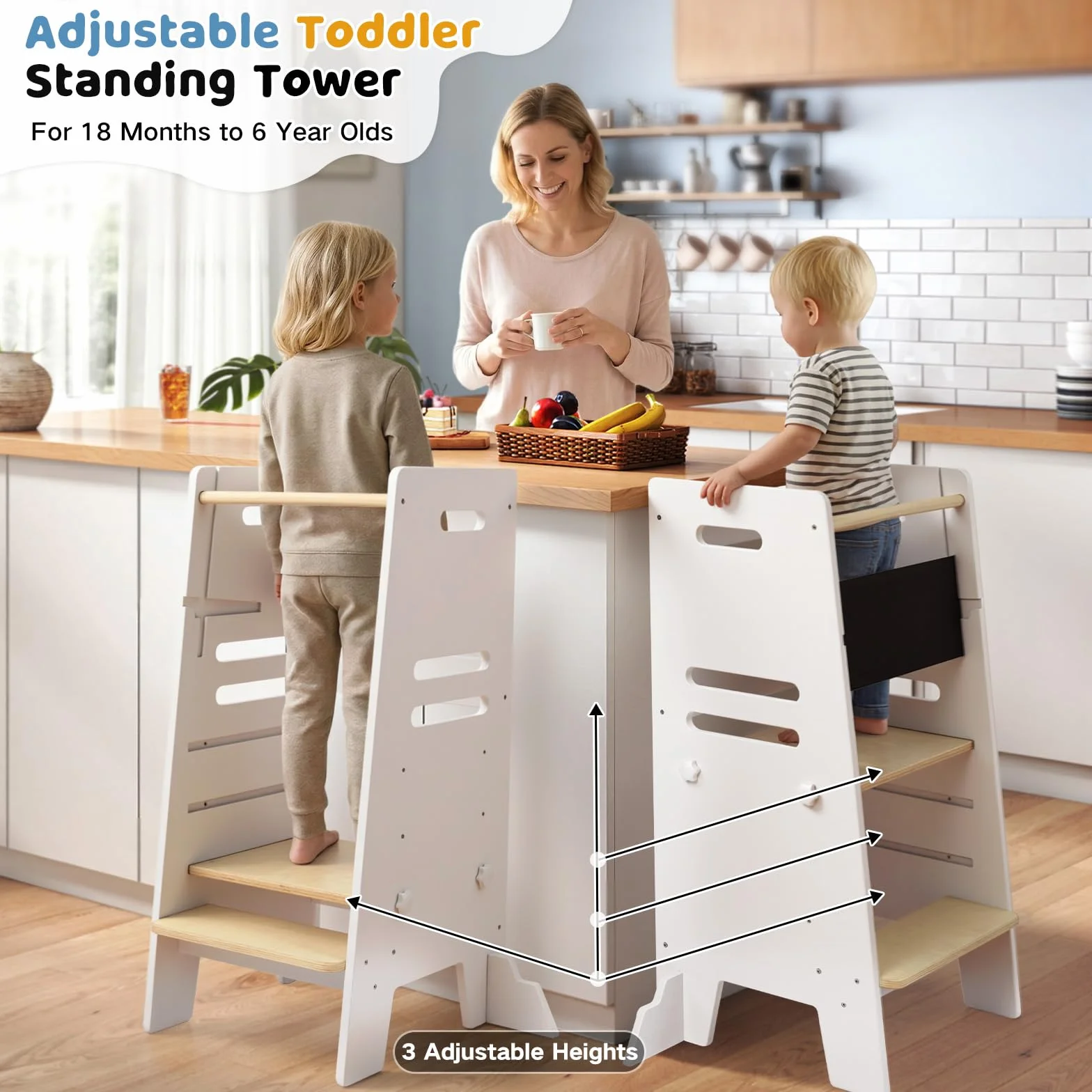 Labebe Learning Tower 3 in 1 con Lavagna e Seduta, Torre Montessori Regolabile in 3 Altezze, Legno