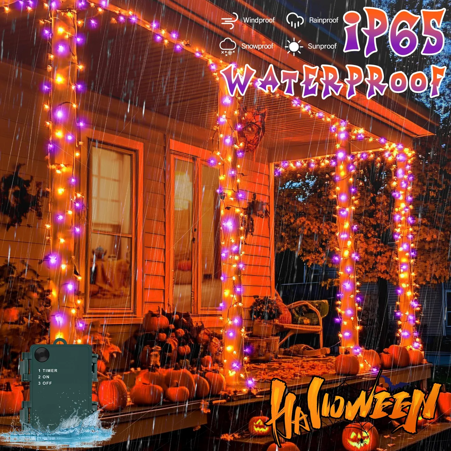 cshare Stringa di luci arancioni e viola con timer impermeabile, luci per Halloween per esterni, 5 m, 50 LED, per interni ed esterni, decorazioni di Halloween, ghirlanda, feste, patio, giardino,