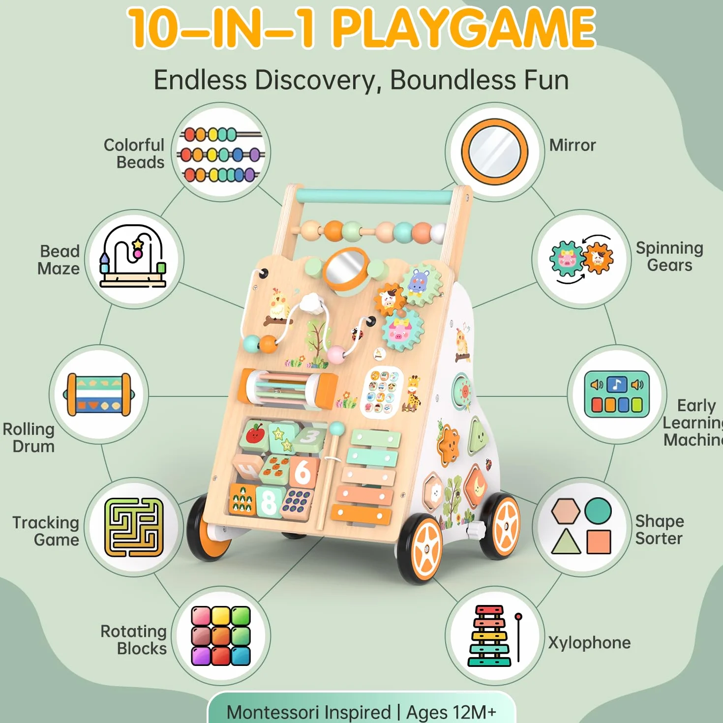 Carrello Primi Passi in Legno Montessori Girello con Centro Attività Altezza e Velocità Regolabili per Bambini 12+ Mesi (Naturale)