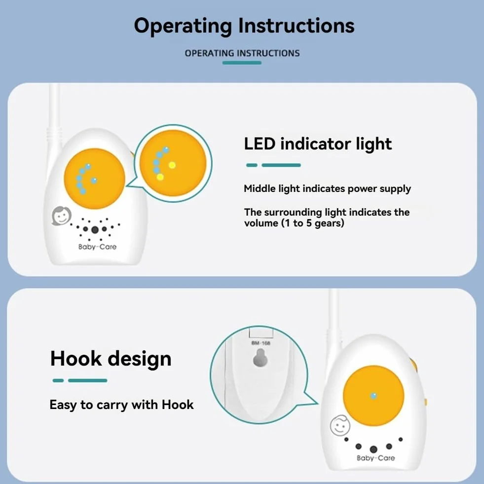 Audio Baby Monitor Fili Sorveglianza Bambino Lunga Distanza Suono Cristallino Indicatori Luminosi