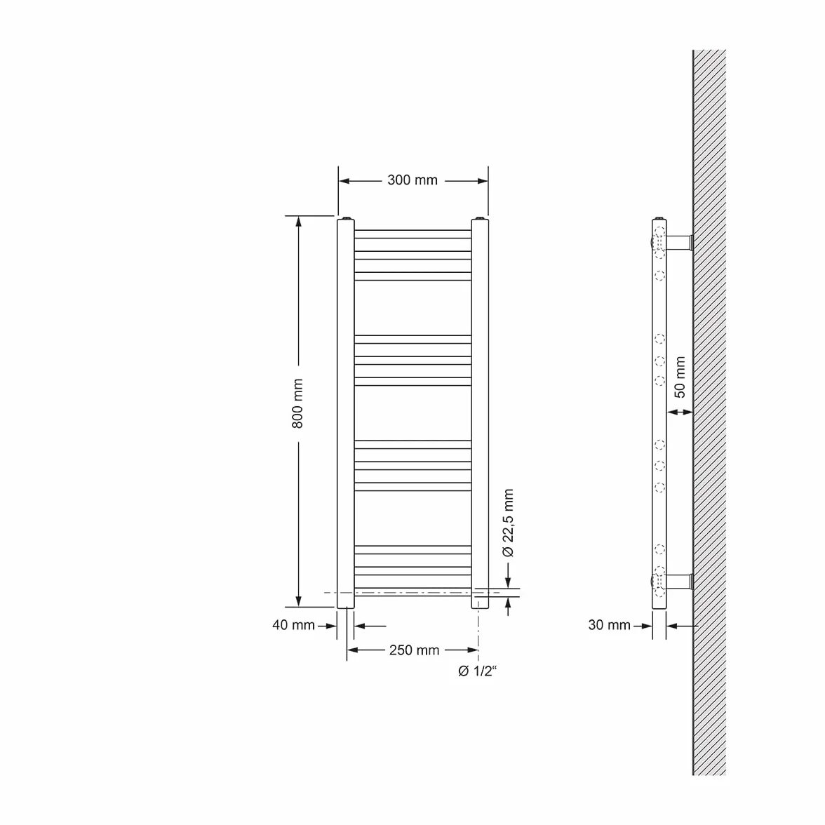 ECD Germany Radiatore Scaldasalviette 300 x 800 mm Cromato Acciaio Dritto Non Elettrico
