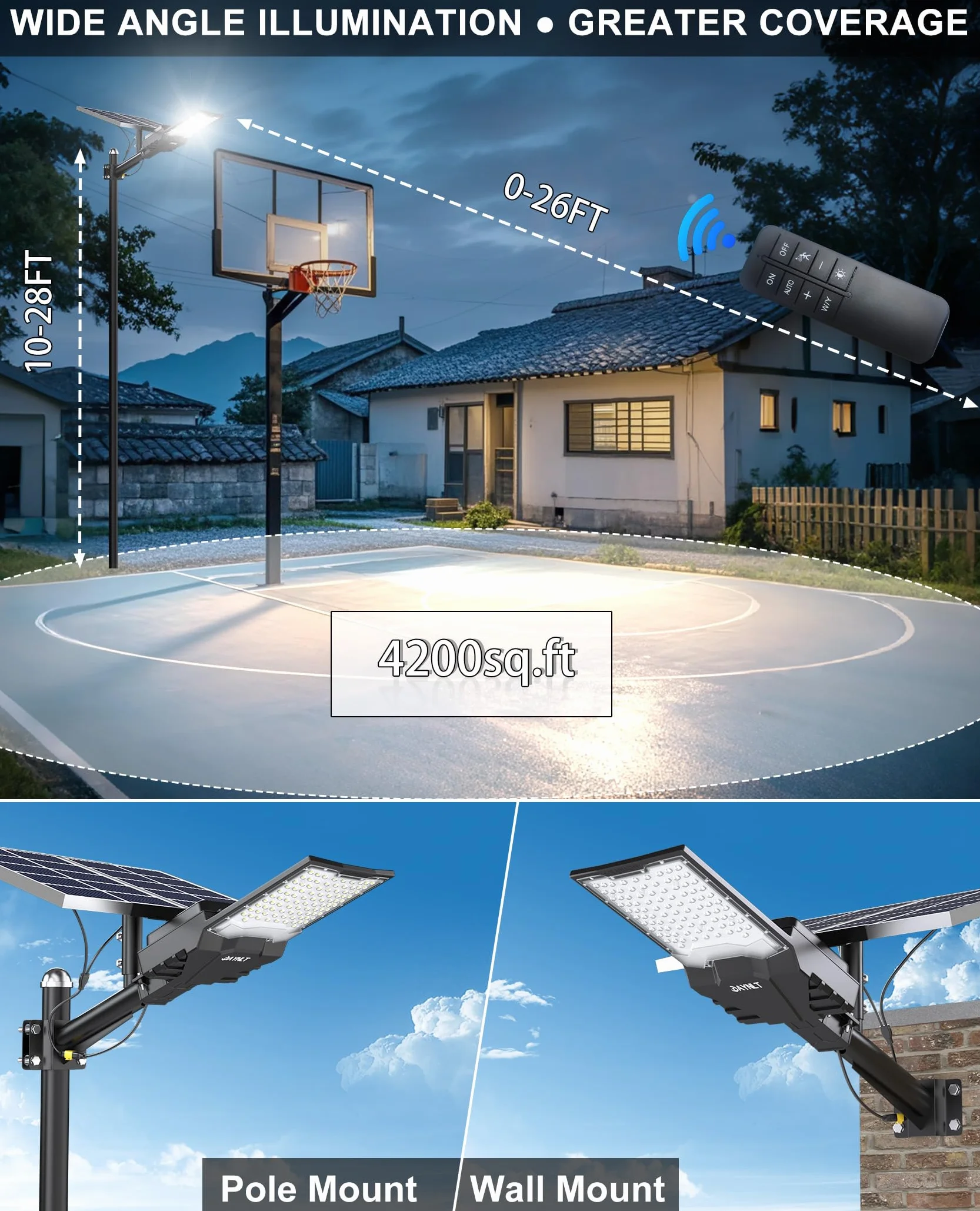 JAYNLT X-18000W Lampione Solare LED Esterno, 6500K Faro led Esterno con Pannello Solare, IP67 Impermeabile lampioni Solari con Telecomando, Lampione Stradale per Cortile Garage Strada