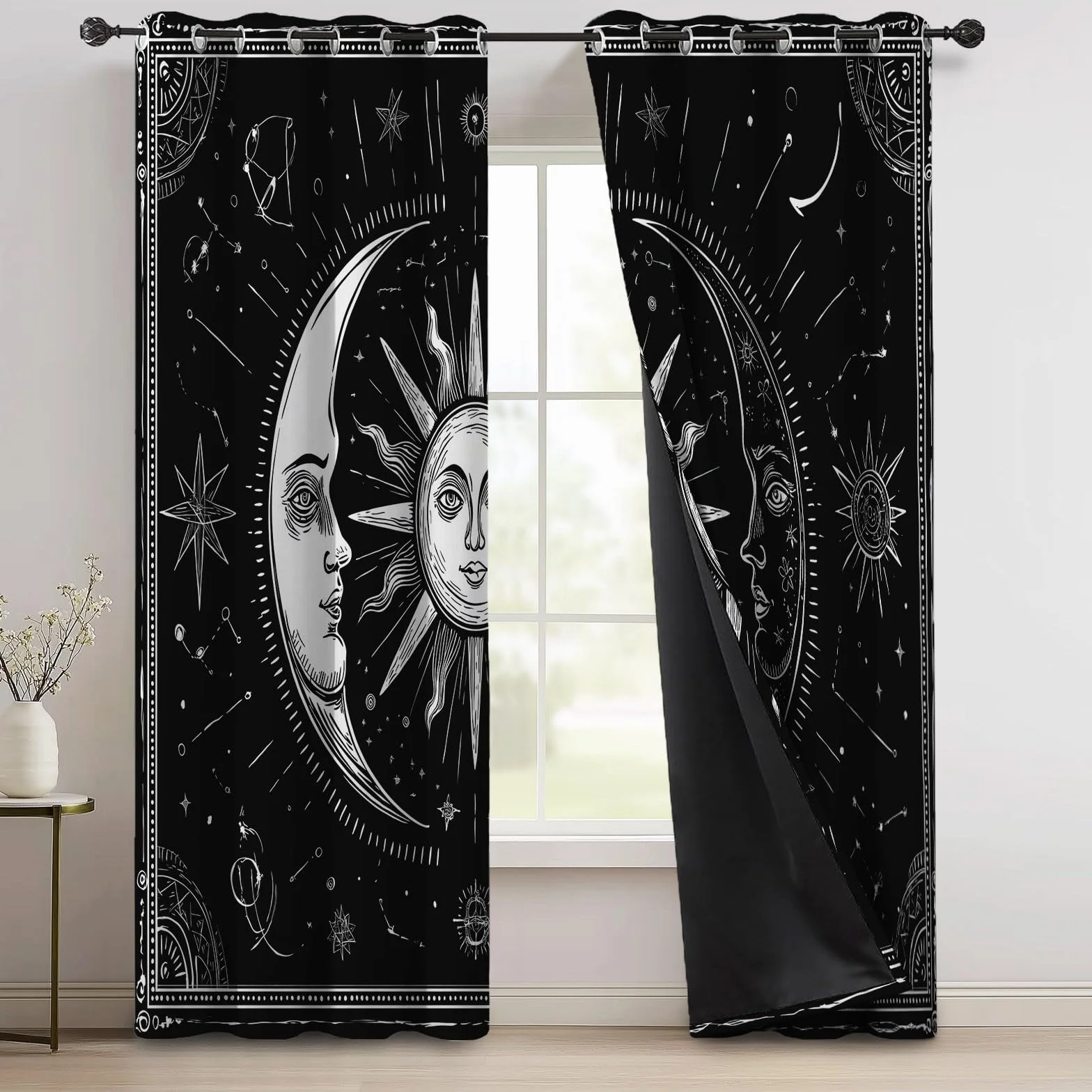 Tende Oscuranti Termiche L 140 x A 260 cm 2 Pezzi Retro Fantasy Sole Luna E Astrologia Nero Anti Luce Anti UV Isolanti Dal Calore Con Occhielli