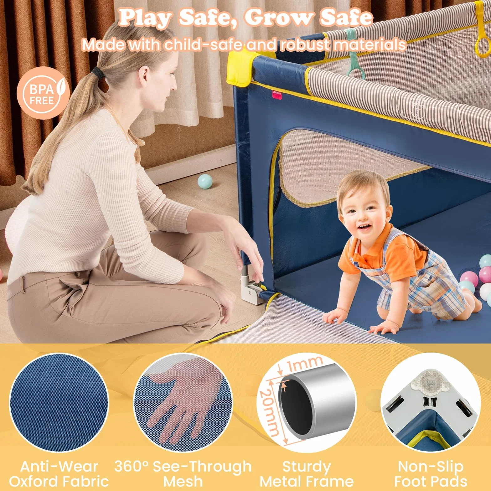 LIFEZEAL Box Bambini e Neonati 0-3 Anni, Recinto 150x150cm, Pieghevole, Portatile, con Borsa, Rete Traspirante