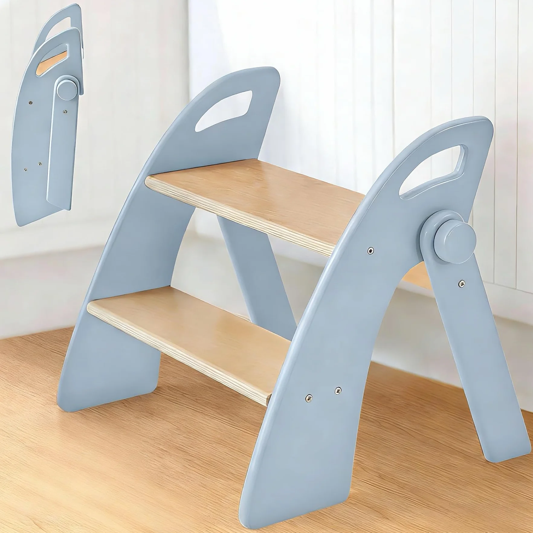 Sgabello di Legno per Bambini 2 Gradini Pieghevole, Capacità 130 kg con Tappetino Antiscivolo e Maniglie, Blu