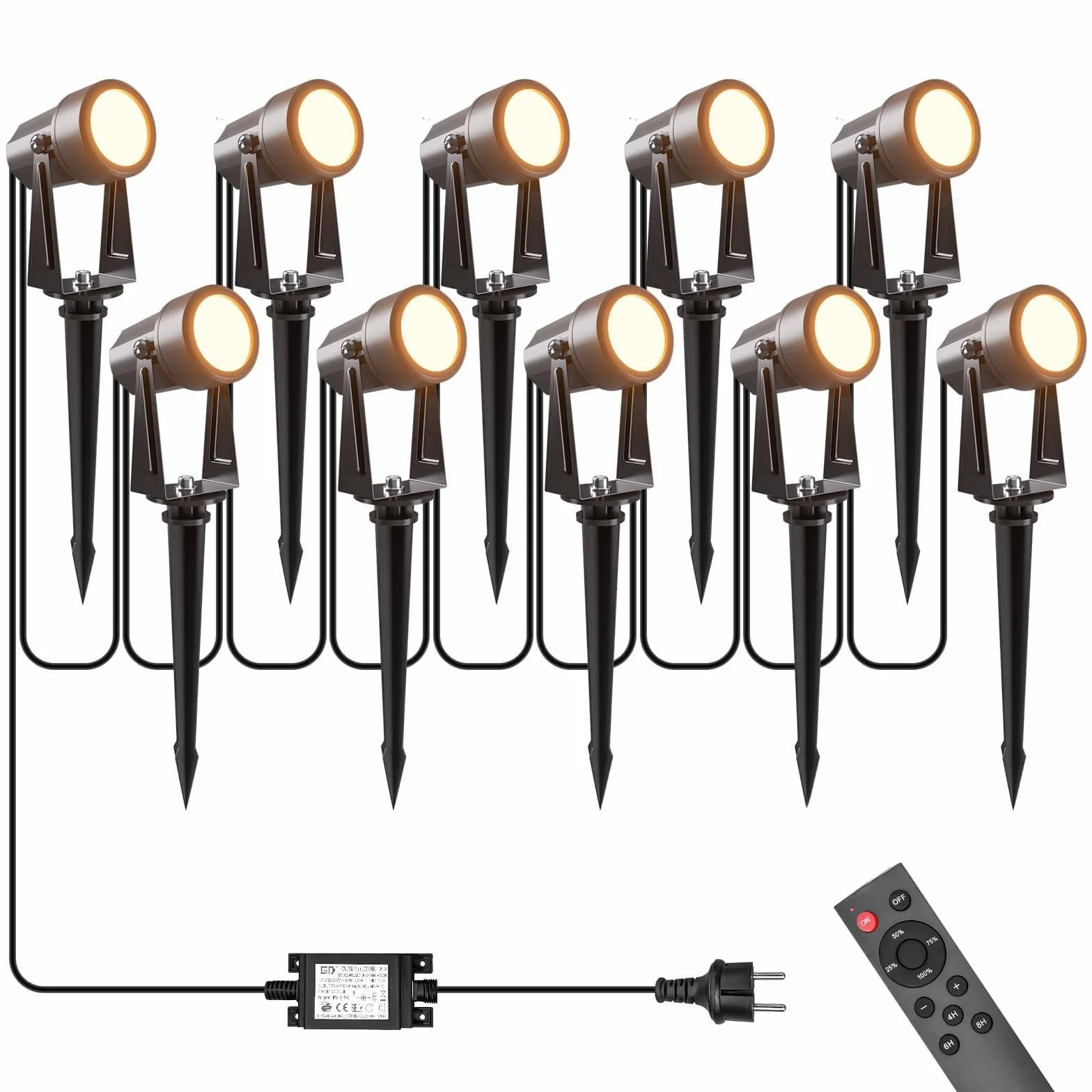 Illuminazione da giardino con alimentazione 35M, 3W*10 pezzi Faretti da esterno con Funzione telecomando e timer 3000K Bianco caldo, IP65 Impermeabili per sentieri, prati, cortili, terrazze