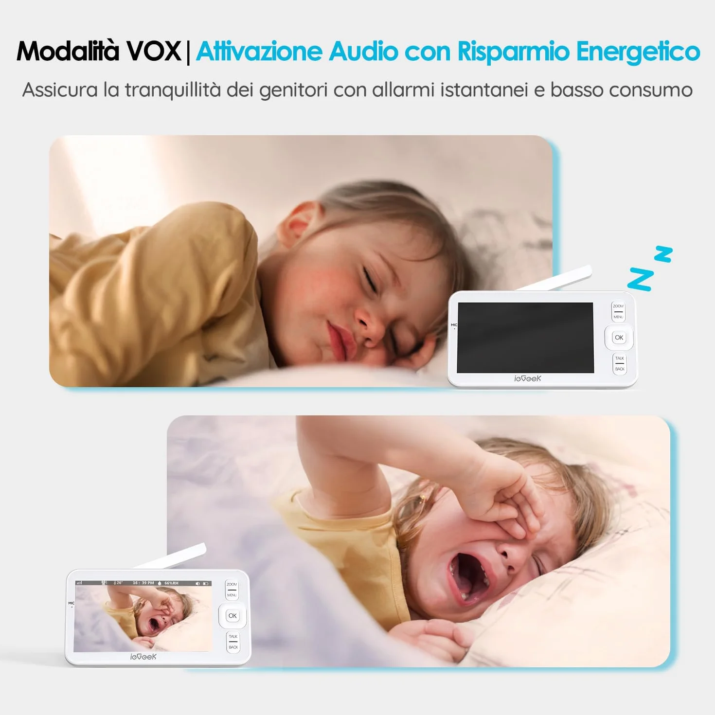 ieGeek Baby Monitor 1080P 5 Pollici Zoom 4x Rilevamento Movimento Suono Allarme Area Sicurezza Temperatura Umidità