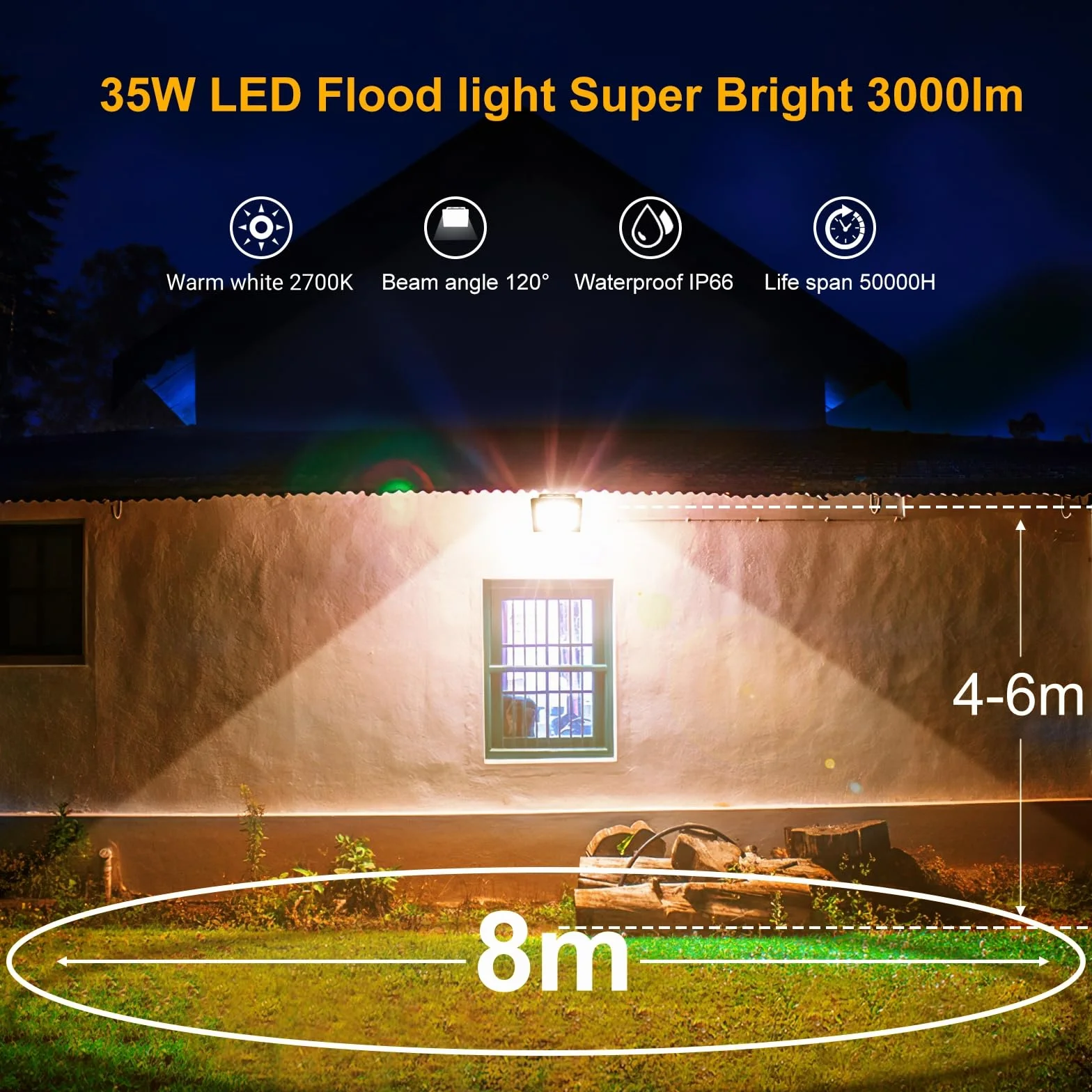 MEIKEE Faretto LED da Esterno, 35W, 3000LM, Faretti a LED per Esterni Impermeabile IP66, Potenti luci 42 LED Interna ed Esterna 2700K Bianco Caldo Per Giardino Cortile Garage Piazza - 2 Pezzi