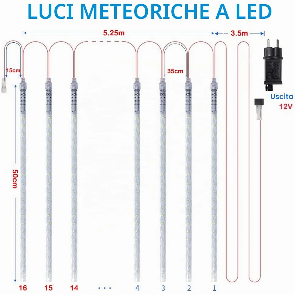 Luci di Natale all'aperto, Pioggia di Meteoriti Luminosi 16 Tubi Spiralati (50cm 864 LEDs) Lunghezza di 5,25m, Luci ghiacciolo impermeabili per Decorazioni natalizie all'aperto, Bianco