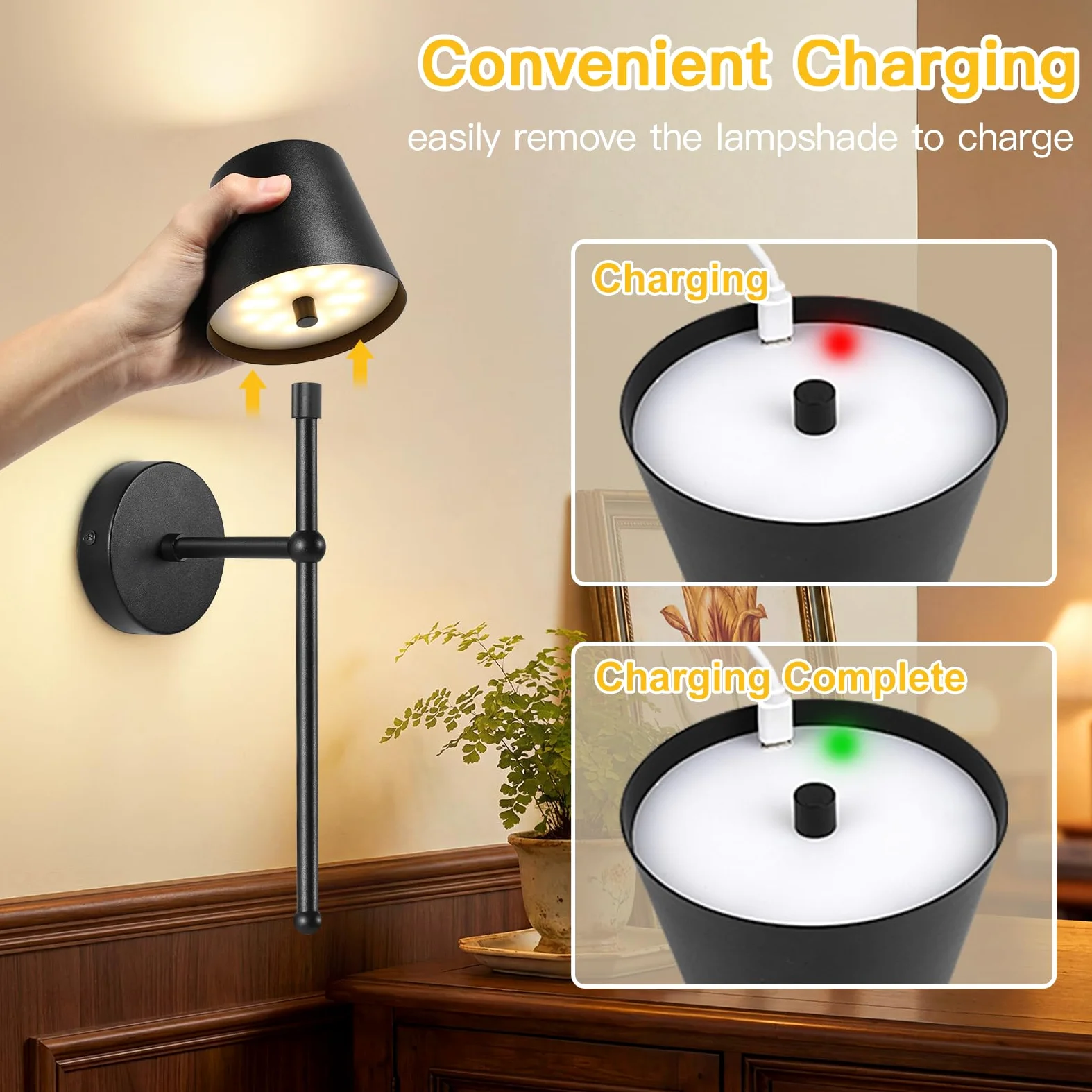 TaoFiaCo Applique da Parete a LED Interni Ricaricabile Nero, Long, 2 Pezzi | Lampada da Parete con Telecomando, 3 Temperature di Colore, Applique a LED Senza Fili con Batteria per Soggiorno