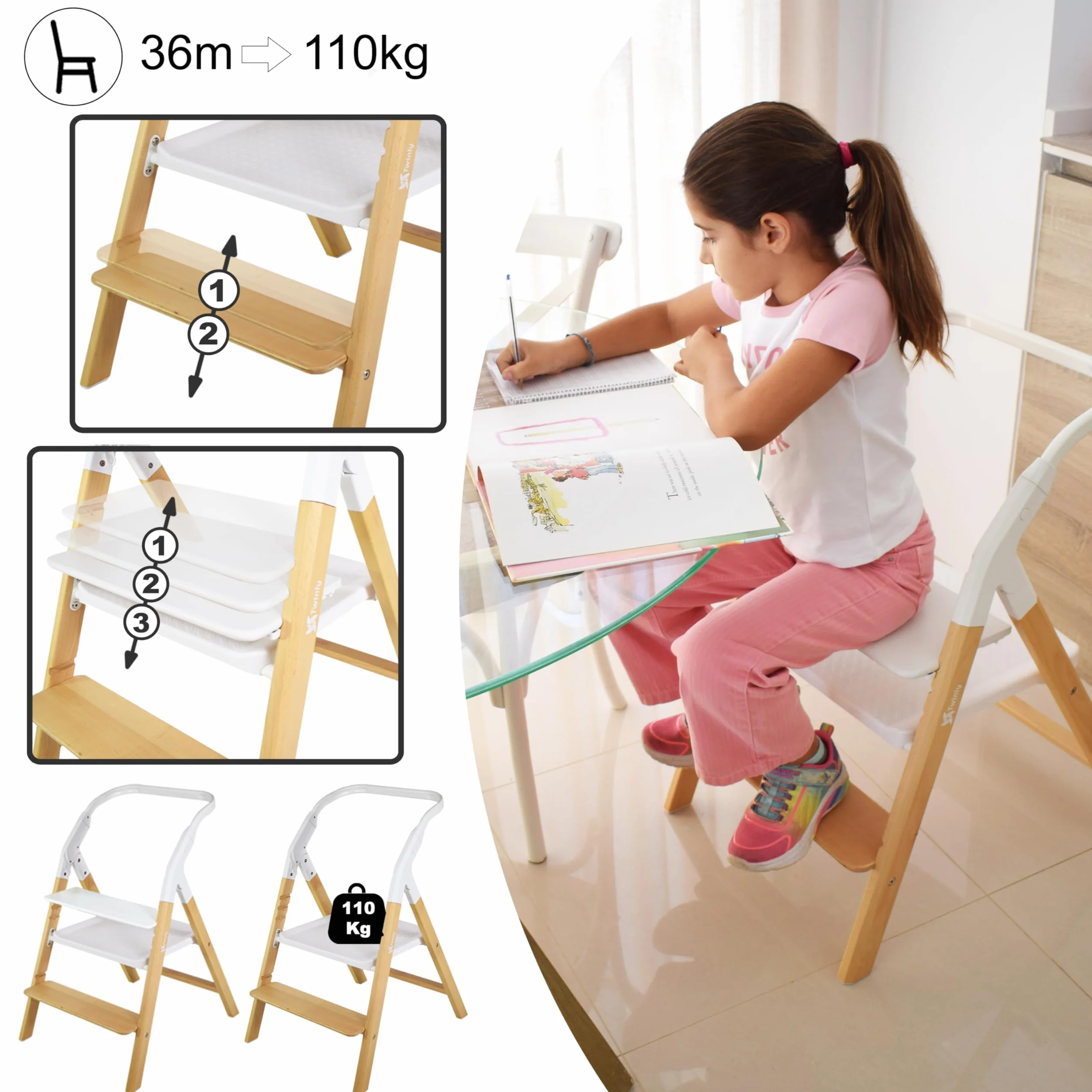 Seggiolone Pappa Evolutivo 5 in 1 Multifunzione Dondolo Torre di Apprendimento Sedia Pieghevole Ergonomica Legno di Faggio Alaia