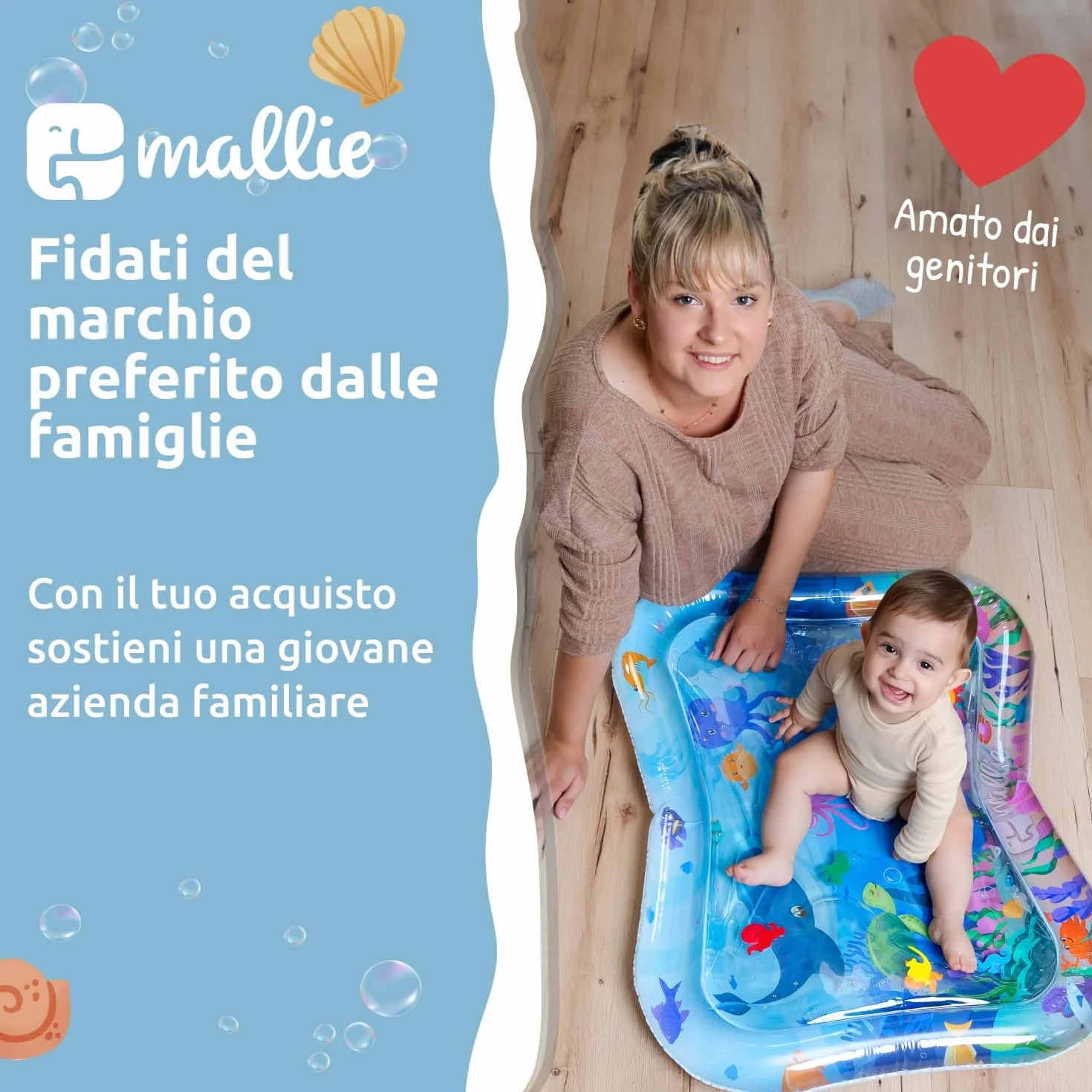 Mallie® Tappetino Tummy Time Neonato Gonfiabile ad Acqua: Giochi Sensoriali 0-3 Mesi