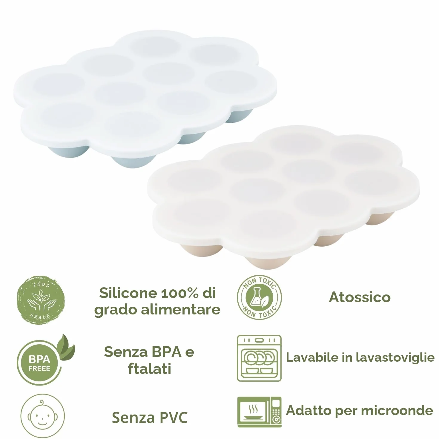 PandaEar Set di 2 Vaschette per Congelare Alimenti per Bambini in Silicone con Coperchi - Blu/Marrone