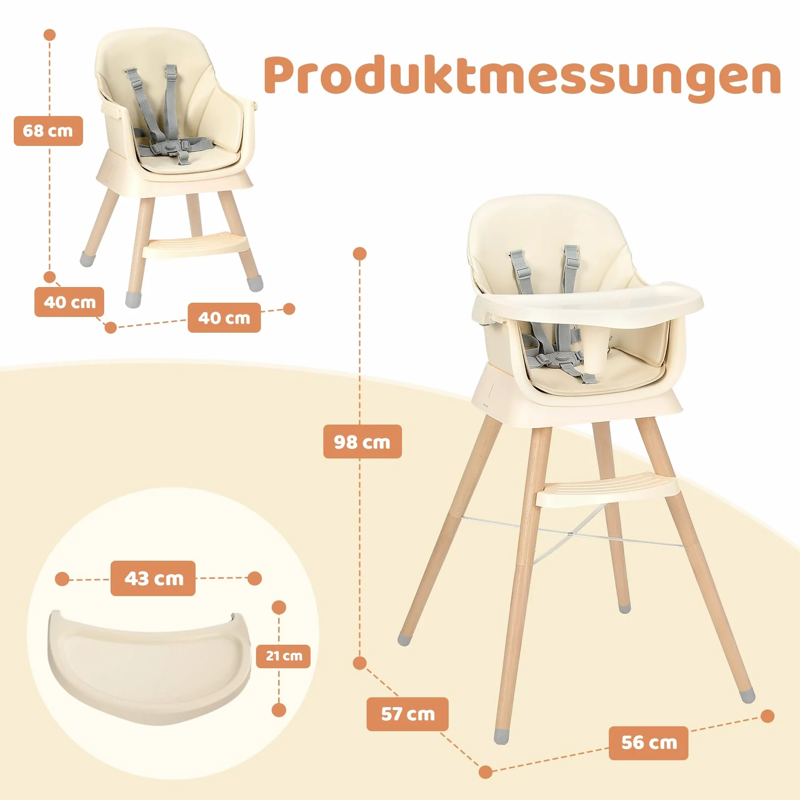 Seggiolone Pappa 6 in 1 Convertibile in Rialzo Sedia Bambino con Gambe in Legno, Cintura 5 Punti, Vassoio Rimovibile, Beige