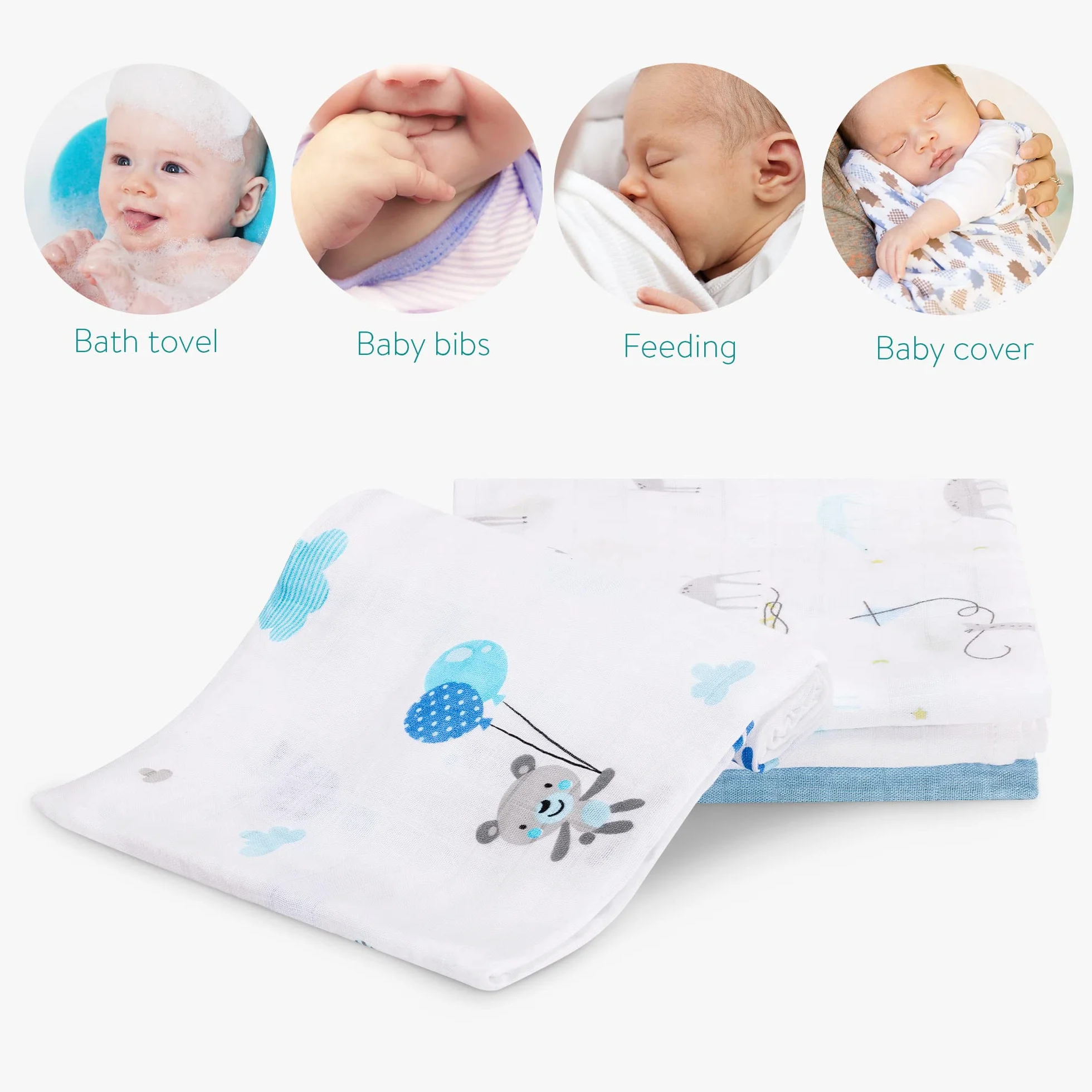 Navaris Set 4x Mussole per Neonato Misto Cotone e Viscosa Copertina 80x80cm Fascia per Allattamento Bianco Blu