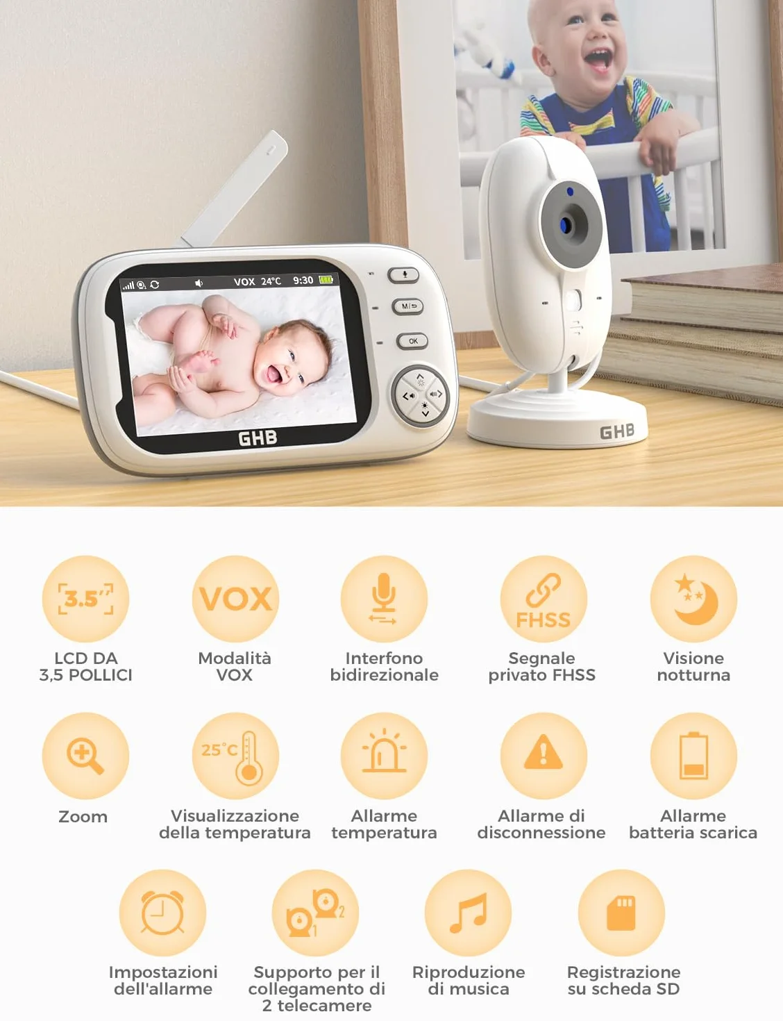 GHB Baby Monitor 3.5'' 720HD Kamera z Audio, 2000mAh, Komunikacja Dwukierunkowa, VOX, Nocne Widzenie, Monitorowanie Temperatury