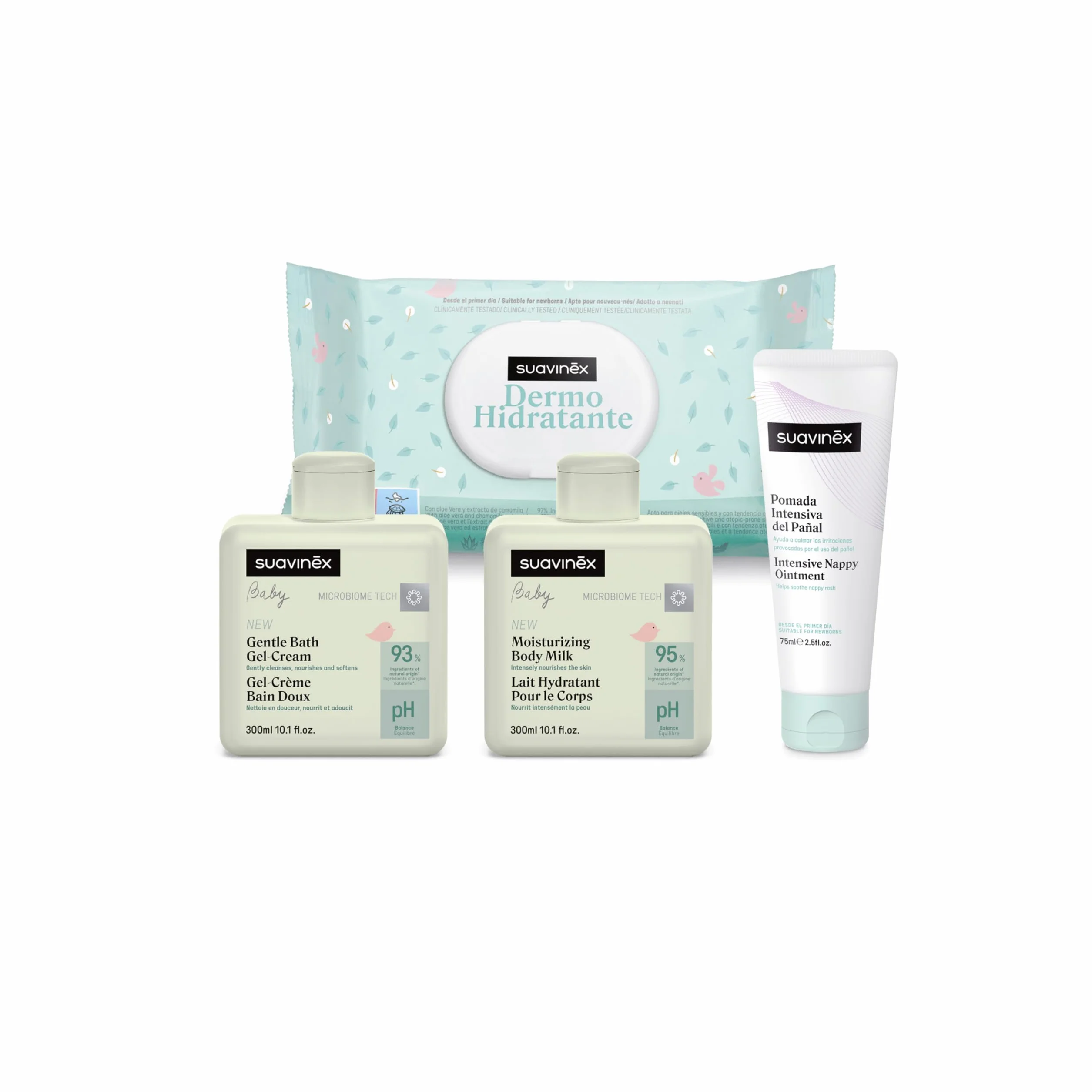 Suavinex Borsa cambio bambino con cosmetici Gel detergente delicato 300 ml Latte idratante 300 ml Crema cambio 75 ml Salviette 60 unità Regalo nascita rosa