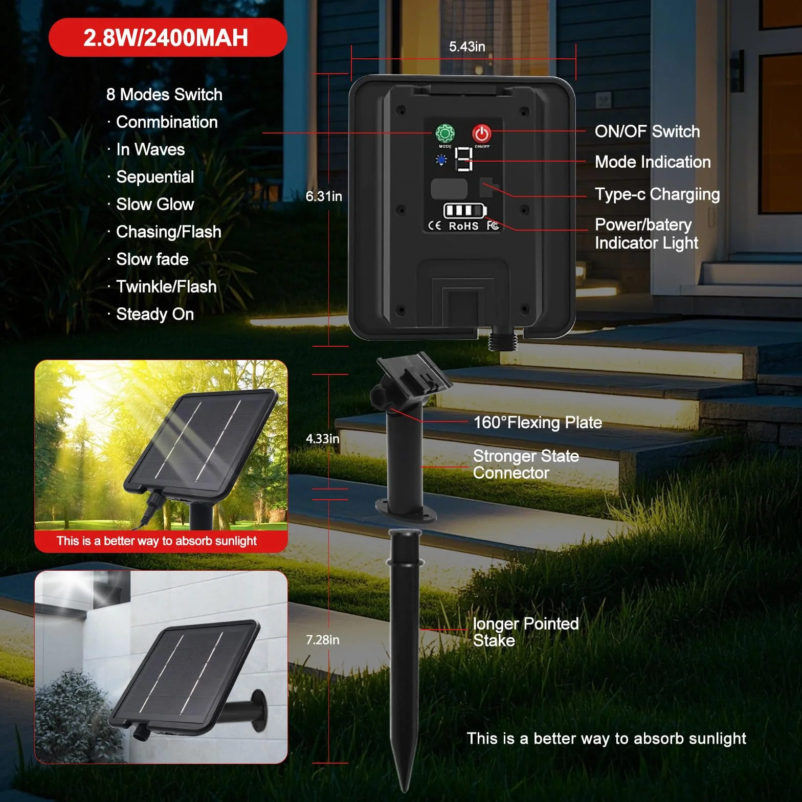 KISUFU 24V Solar Neon Light outdoor LED Strips, IP68 impermeabile 320 LEDs/m strisce LED con 1200mah 8 modalità solare con inserto di terra luce per casa giardino matrimonio festa di Natale.