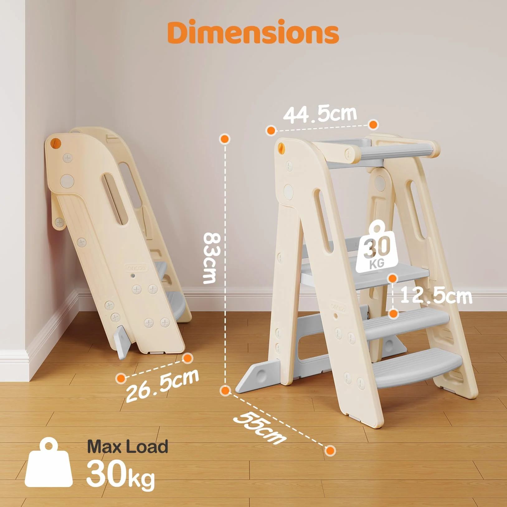 Torre Montessoriana Pieghevole Regolabile Altezza Learning Tower Antiscivolo Anti-Ribaltamento Bianco 1-6 Anni