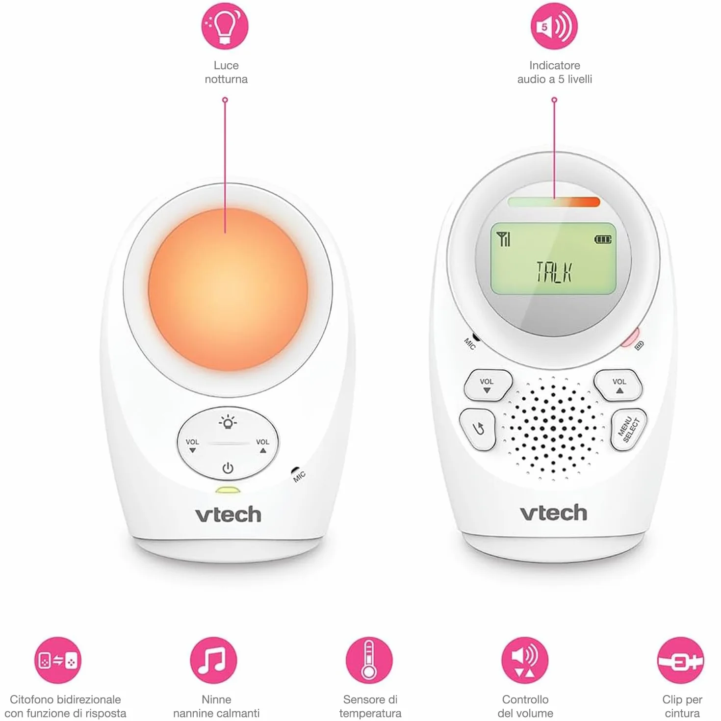 VTech BM1211 Monitor Audio per Bambini, trasmissione sonora chiara, lunga portata, controllo volume 5 livelli, luce notturna, funzione parlare, clip cintura