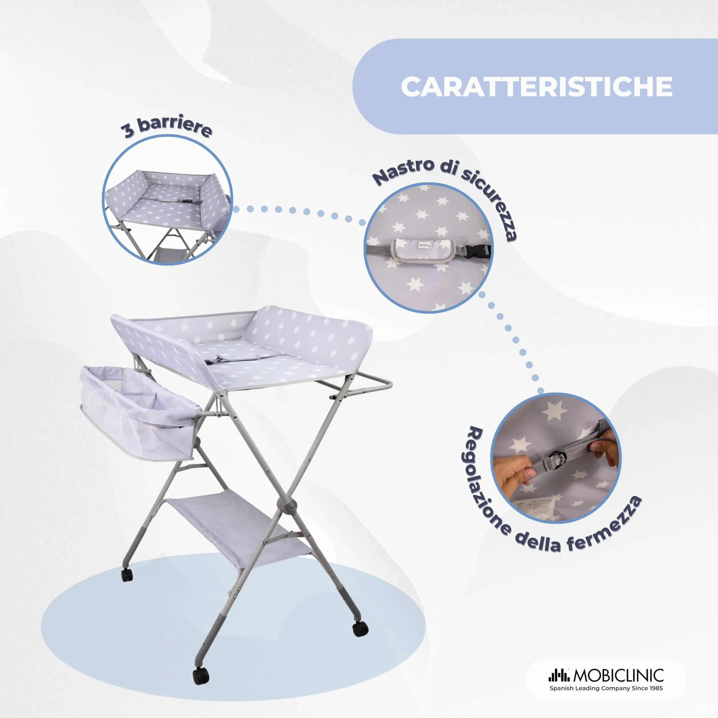 Mobiclinic Fasciatoio pieghevole per Neonati, Altezza Regolabile, Fino a 15 kg, 0-36 Mesi, Ruote a 360° Freno, Lavabile