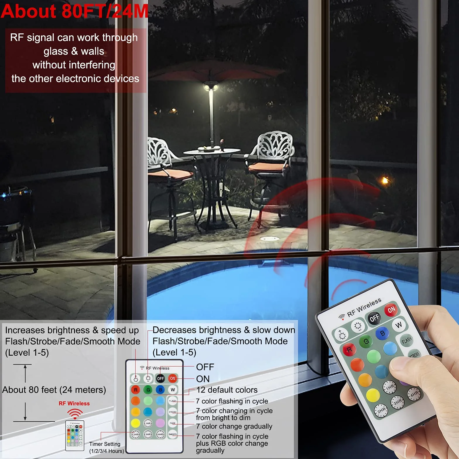 HONWELL Patio Ombrello Luce a Batteria,12 colori Ombrello da esterno Palo Luce Telecomando, 4 Luminosità Modalità Cordless 20 Luci LED a 250 Lumen, Lampada da Campeggio per Tenda, Spiaggia-Marrone